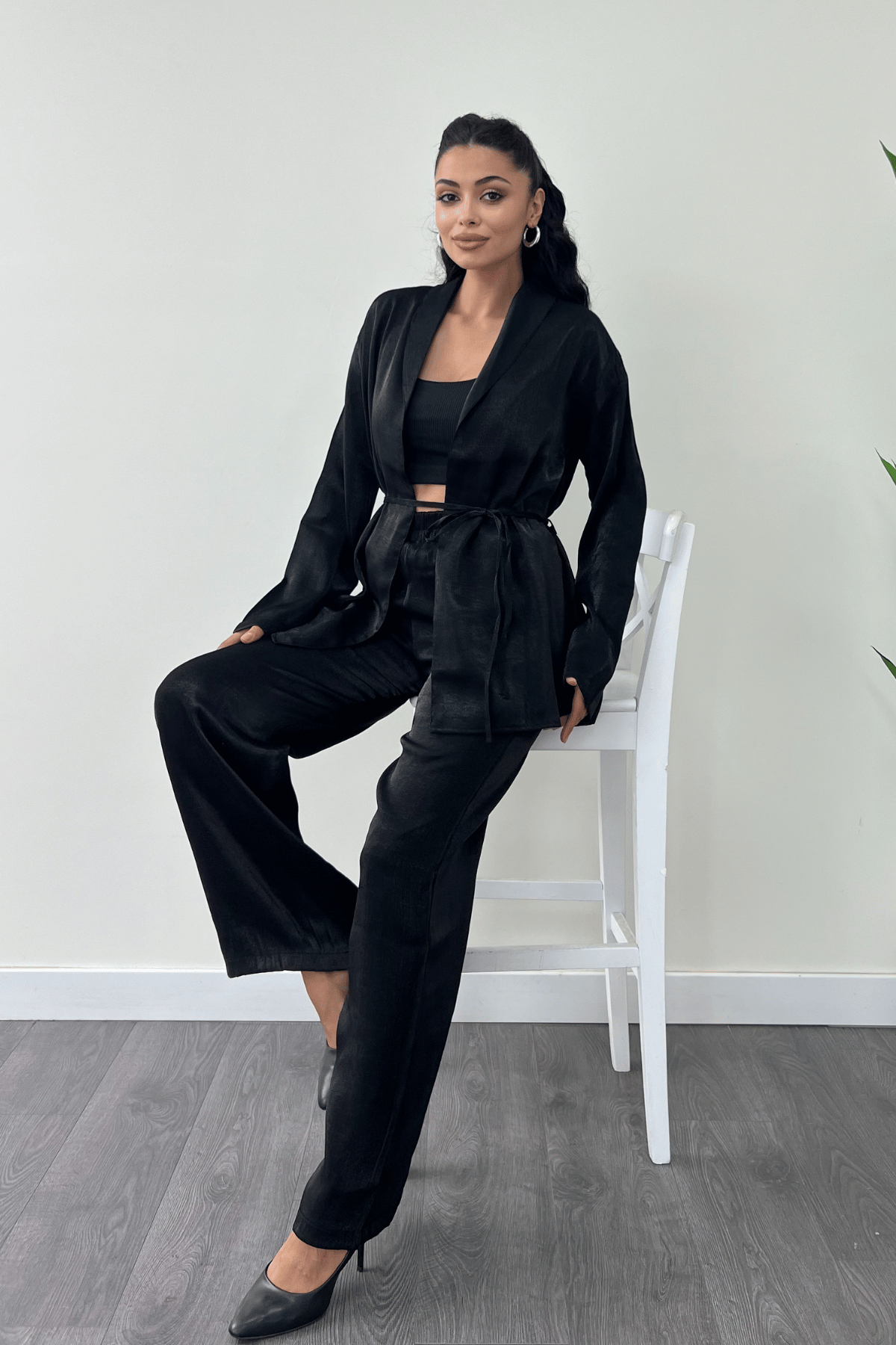 Krep Saten Kumaş Ceket Takım - SİYAH