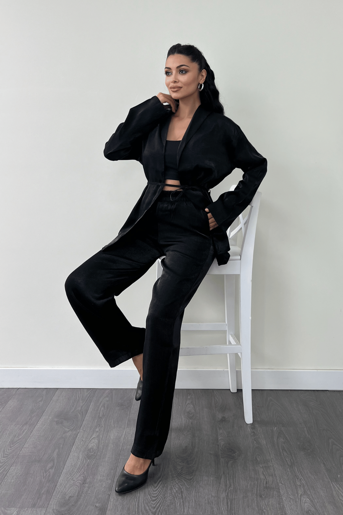 Krep Saten Kumaş Ceket Takım - SİYAH