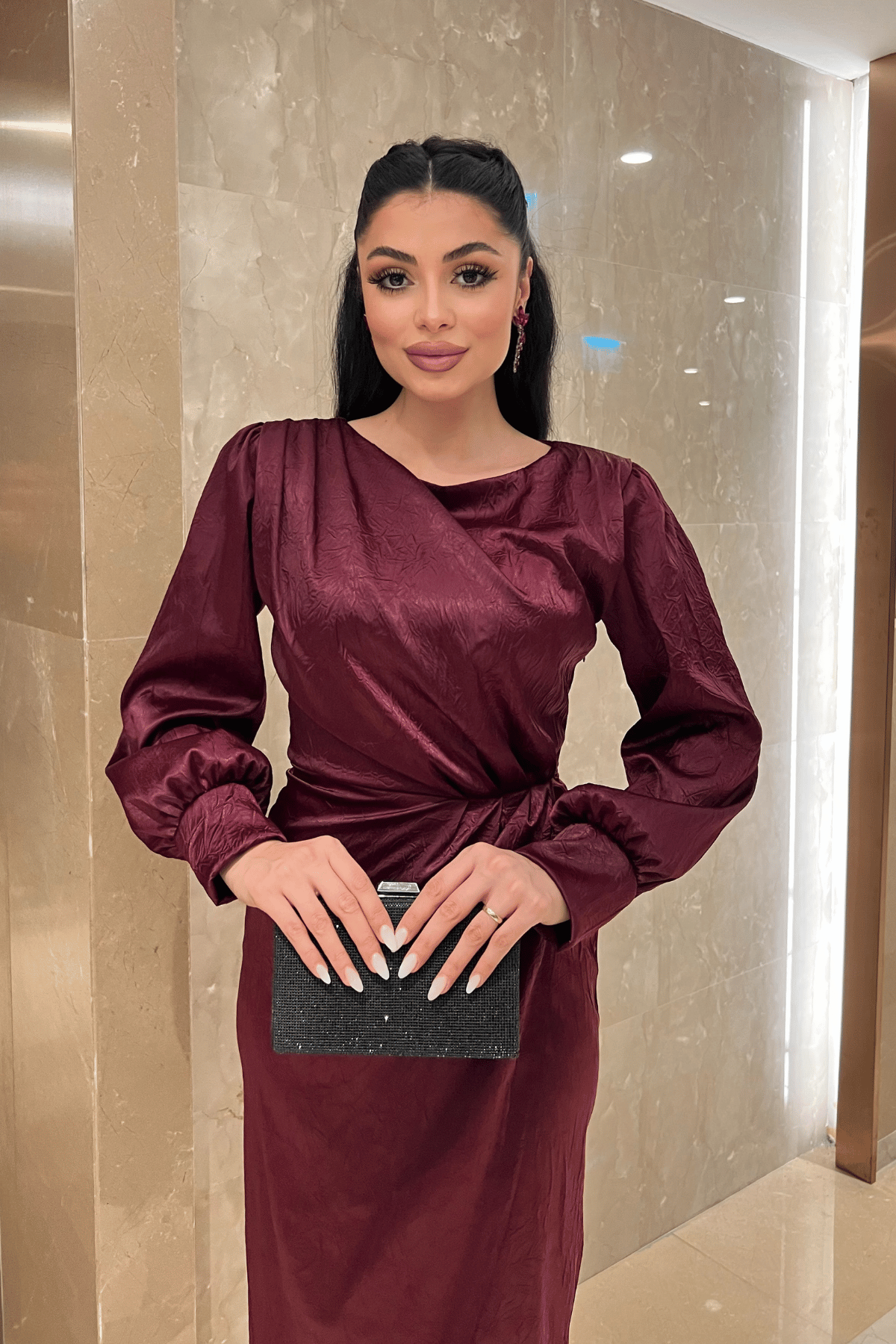 Krinkıl Kumaş Kruvaze Kalem Elbise - BORDO