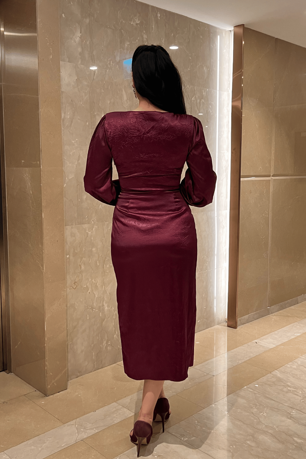 Krinkıl Kumaş Kruvaze Kalem Elbise - BORDO