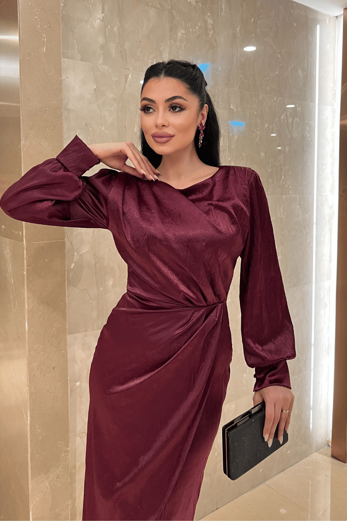 Krinkıl Kumaş Kruvaze Kalem Elbise - BORDO