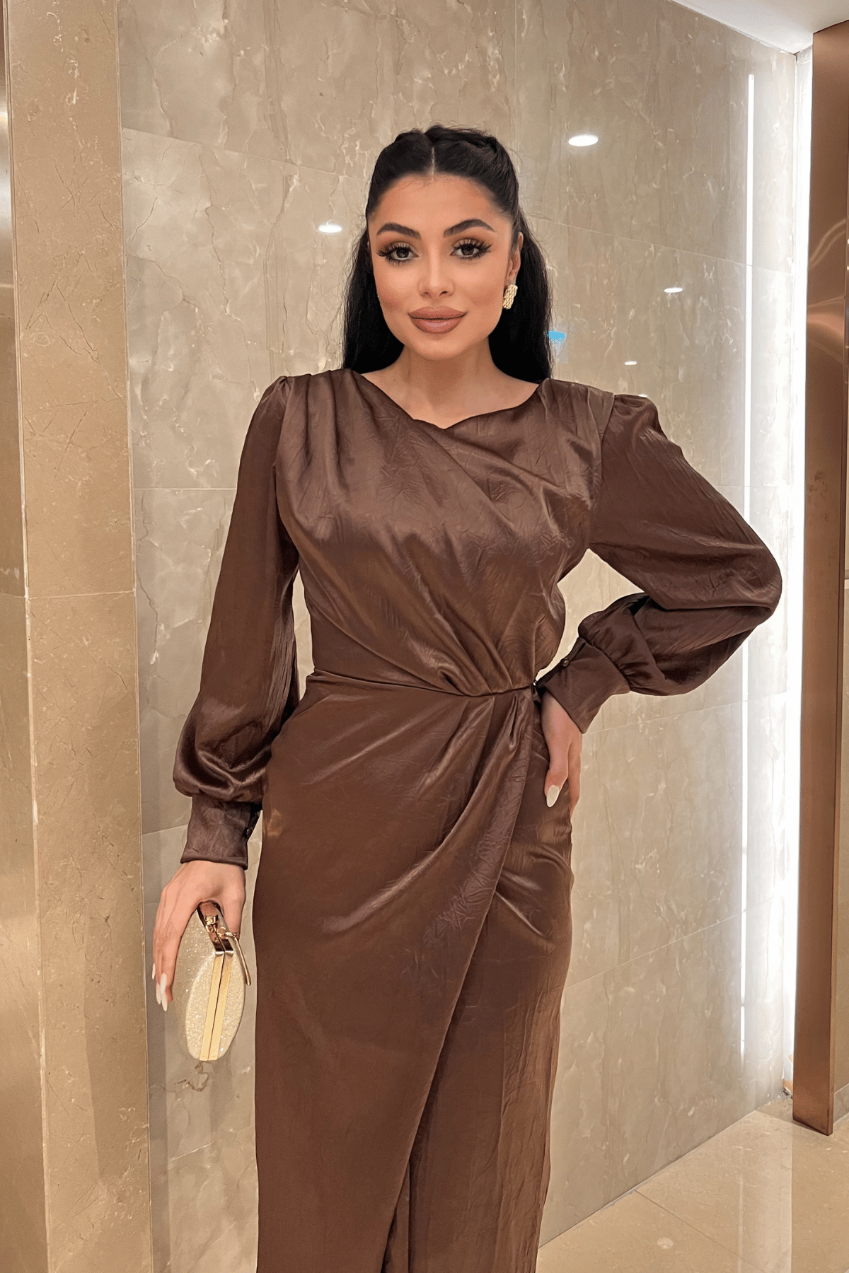 Krinkıl Kumaş Kruvaze Kalem Elbise - KAHVERENGİ