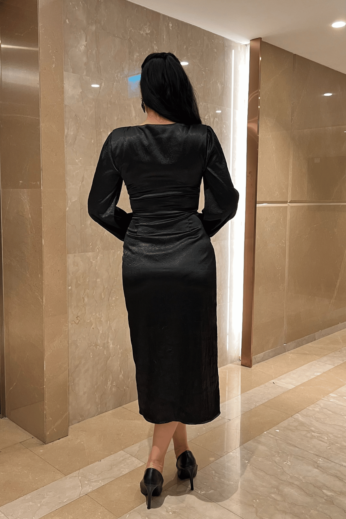 Krinkıl Kumaş Kruvaze Kalem Elbise - SİYAH