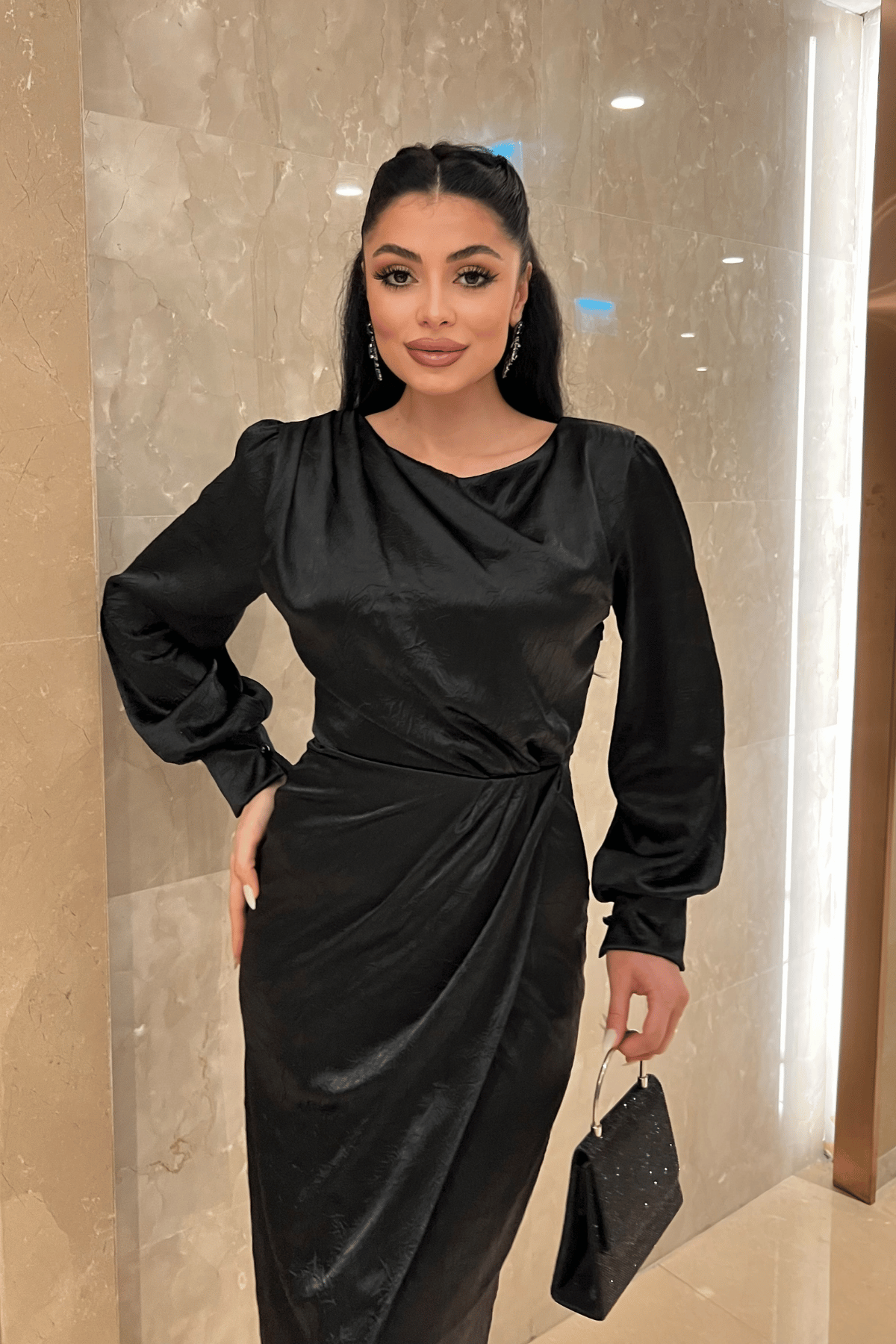 Krinkıl Kumaş Kruvaze Kalem Elbise - SİYAH