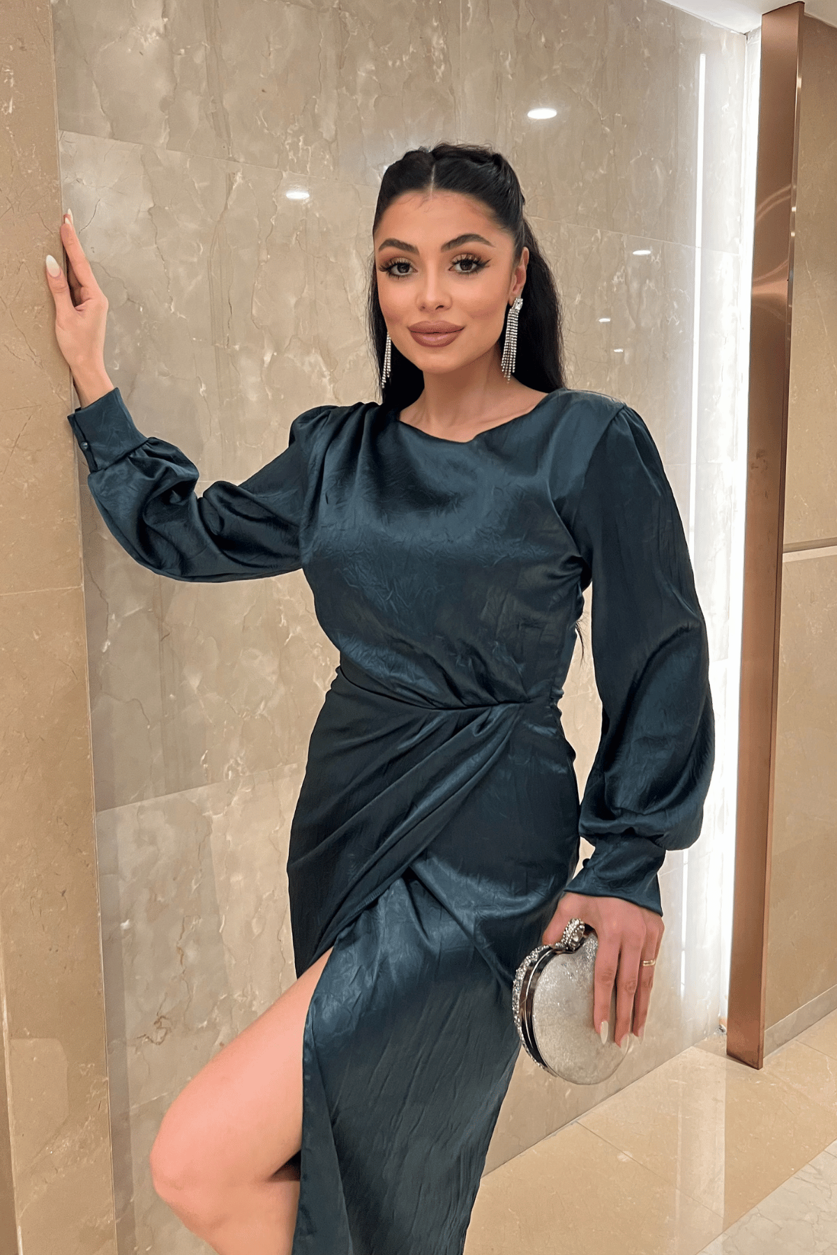 Krinkıl Kumaş Kruvaze Kalem Elbise - ZÜMRÜT YEŞİL