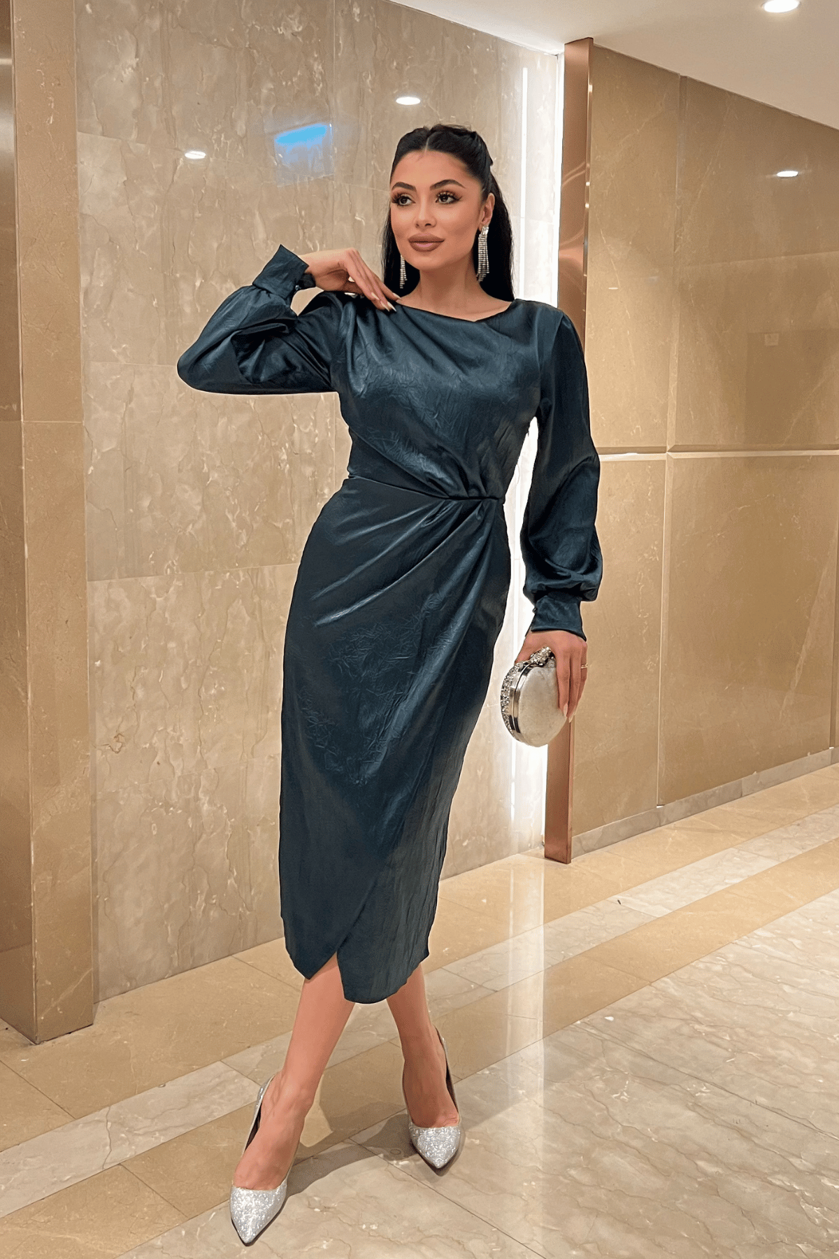 Krinkıl Kumaş Kruvaze Kalem Elbise - ZÜMRÜT YEŞİL