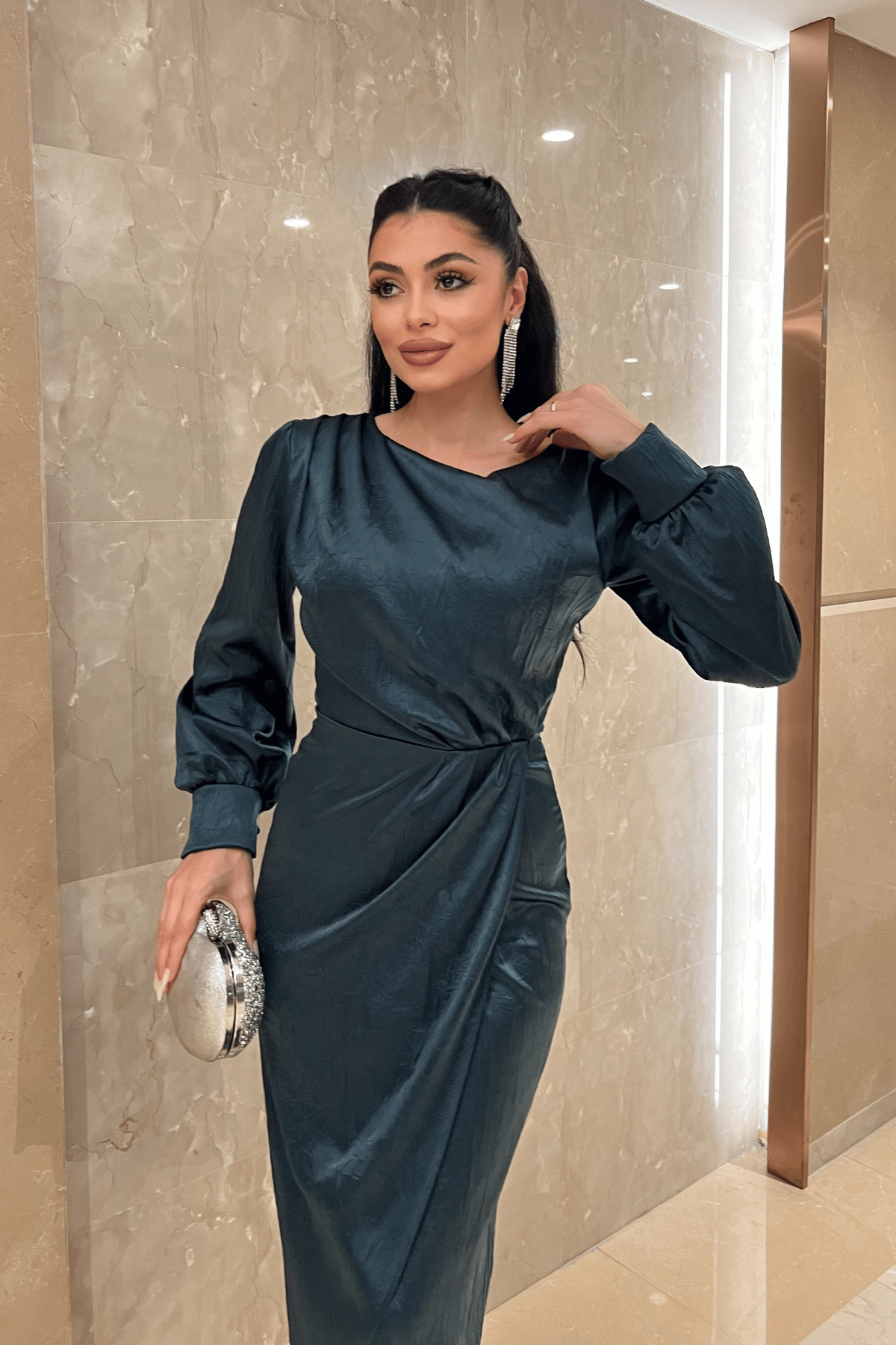 Krinkıl Kumaş Kruvaze Kalem Elbise - ZÜMRÜT YEŞİL