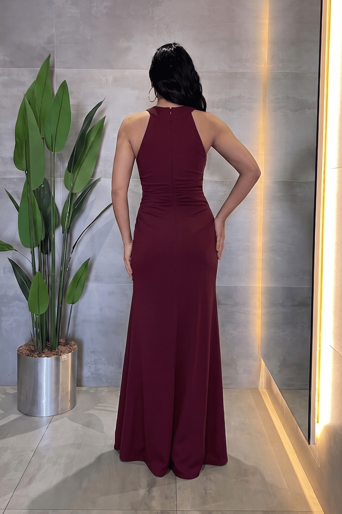 Kristal Kumaş Boyundan Bağlamalı Abiye Elbise - BORDO