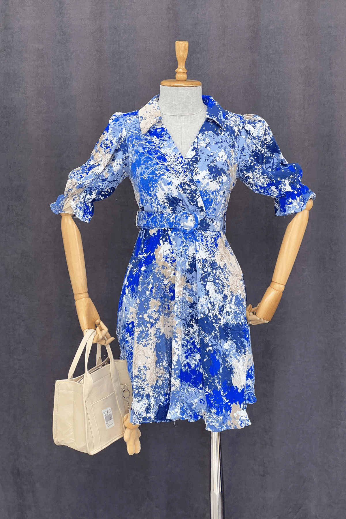 Kruvaze Yaka Beli Lastikli Mini Elbise - SAKS MAVİ