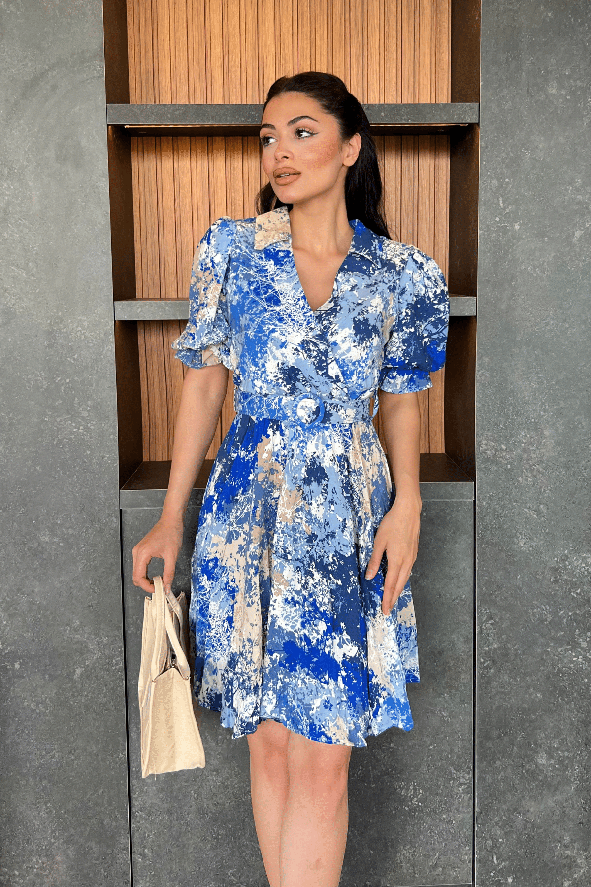 Kruvaze Yaka Beli Lastikli Mini Elbise - SAKS MAVİ