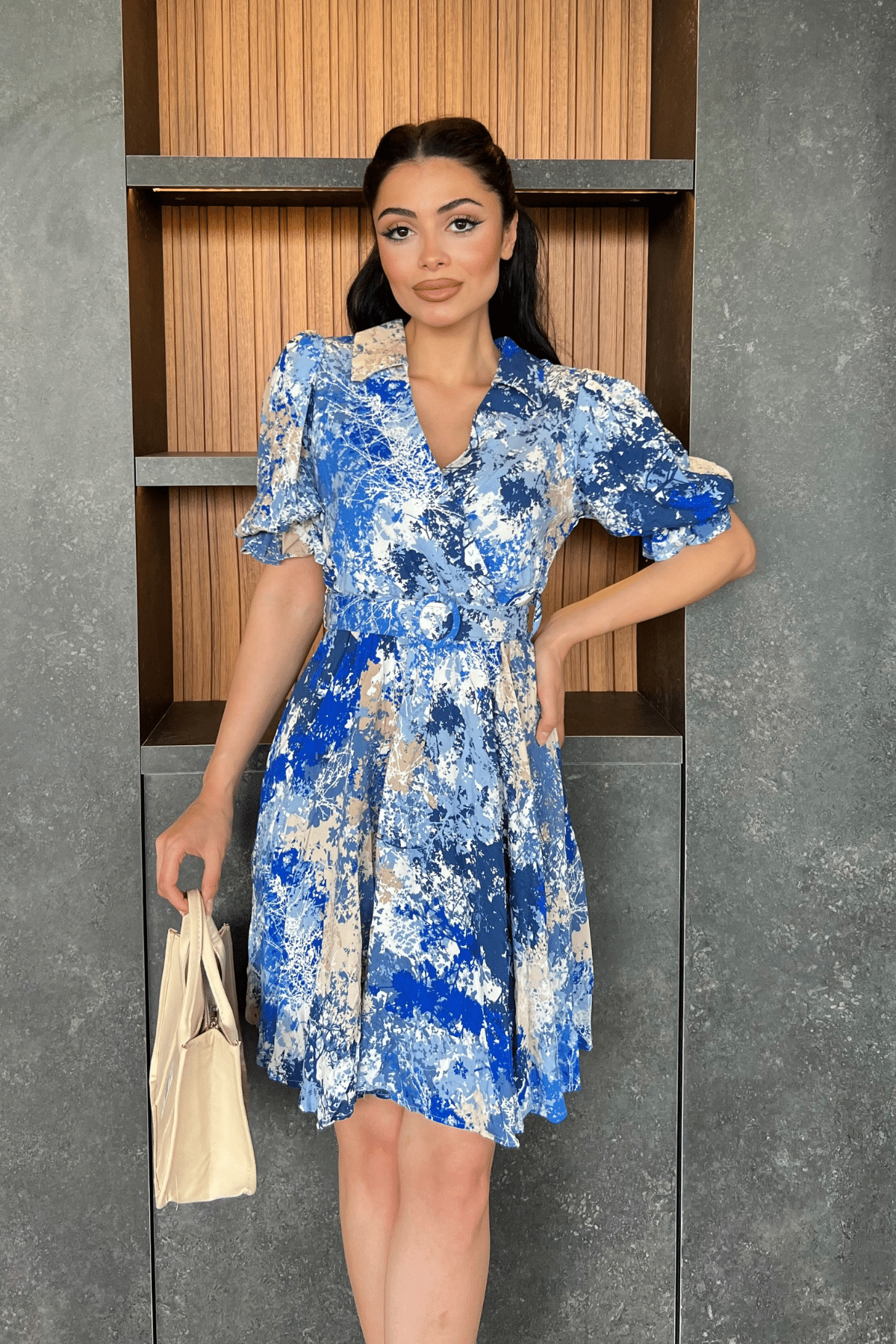 Kruvaze Yaka Beli Lastikli Mini Elbise - SAKS MAVİ