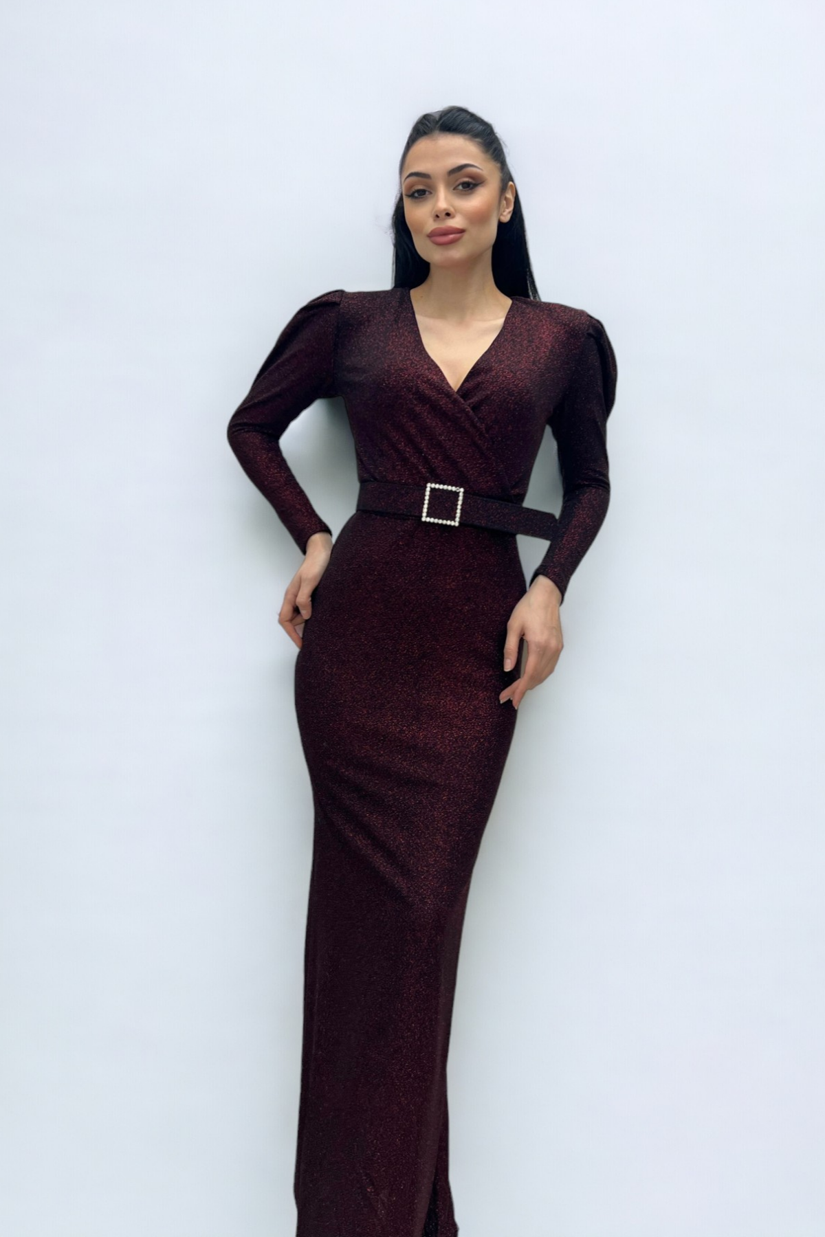 فستان بحزام بياقة مزدوجة الصدر - بورجوندي