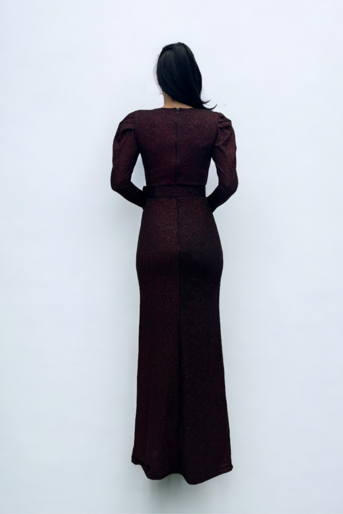 فستان بحزام بياقة مزدوجة الصدر - بورجوندي