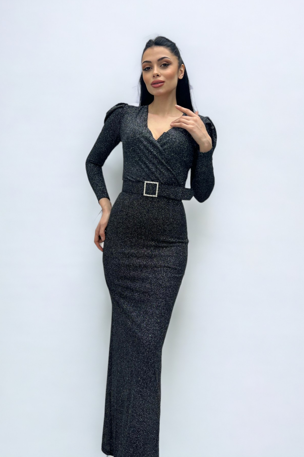 فستان بحزام بياقة مزدوجة الصدر - فضة