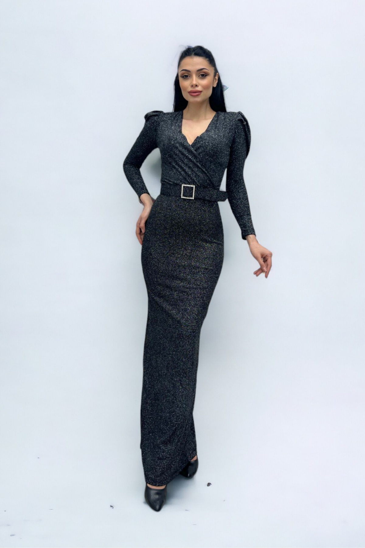 فستان بحزام بياقة مزدوجة الصدر - فضة