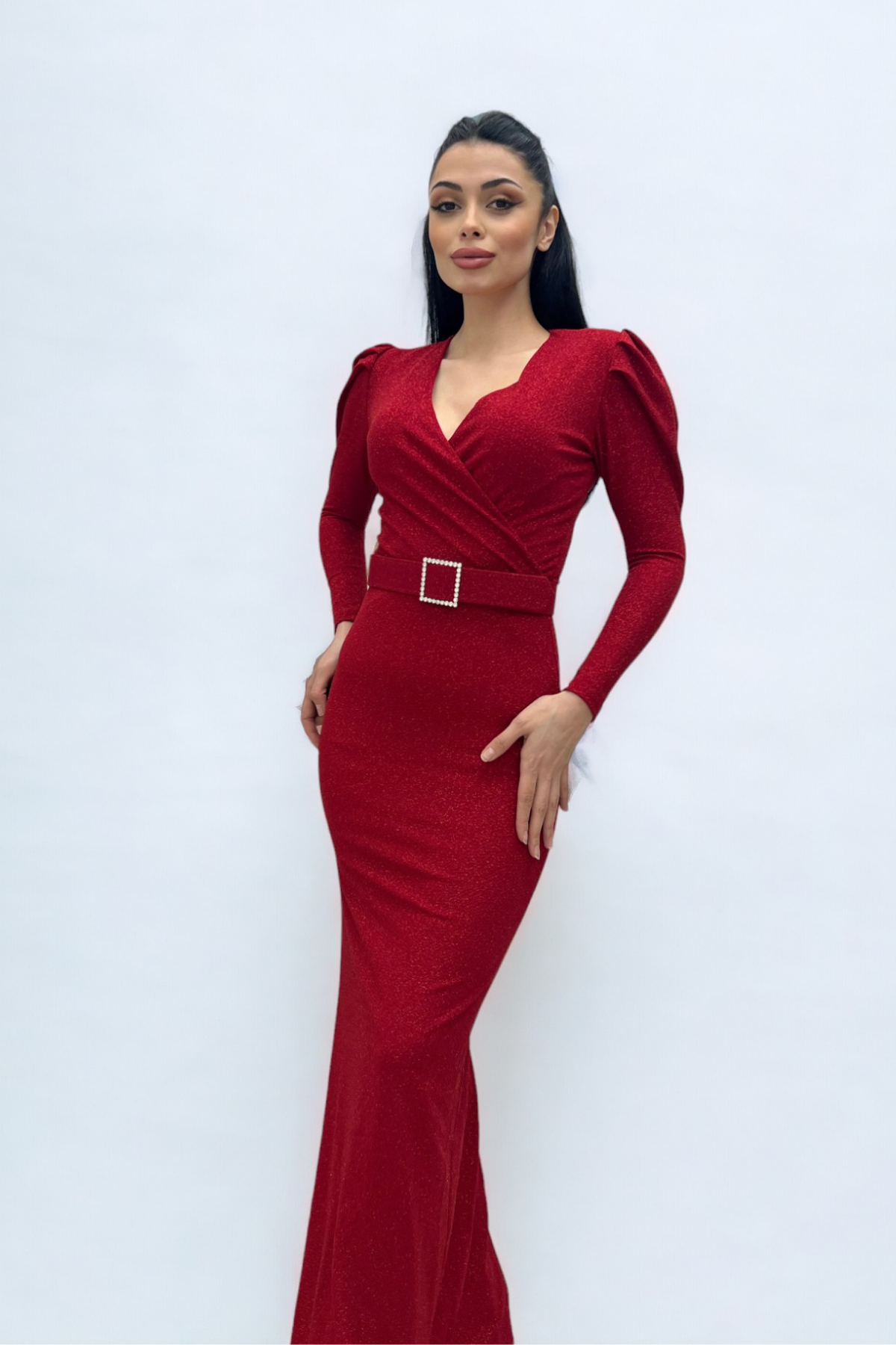 فستان بحزام بياقة مزدوجة الصدر - أحمر