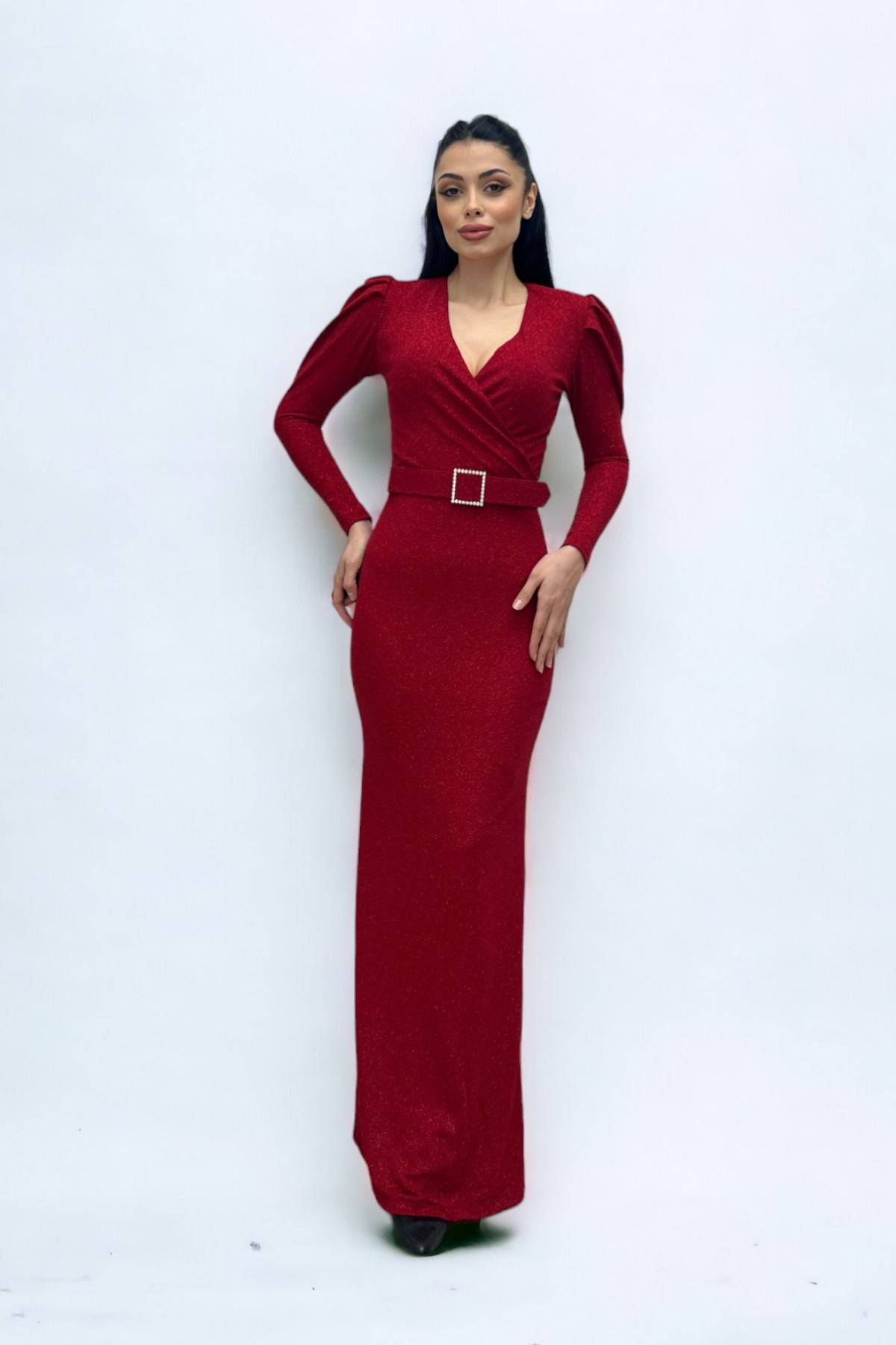 فستان بحزام بياقة مزدوجة الصدر - أحمر