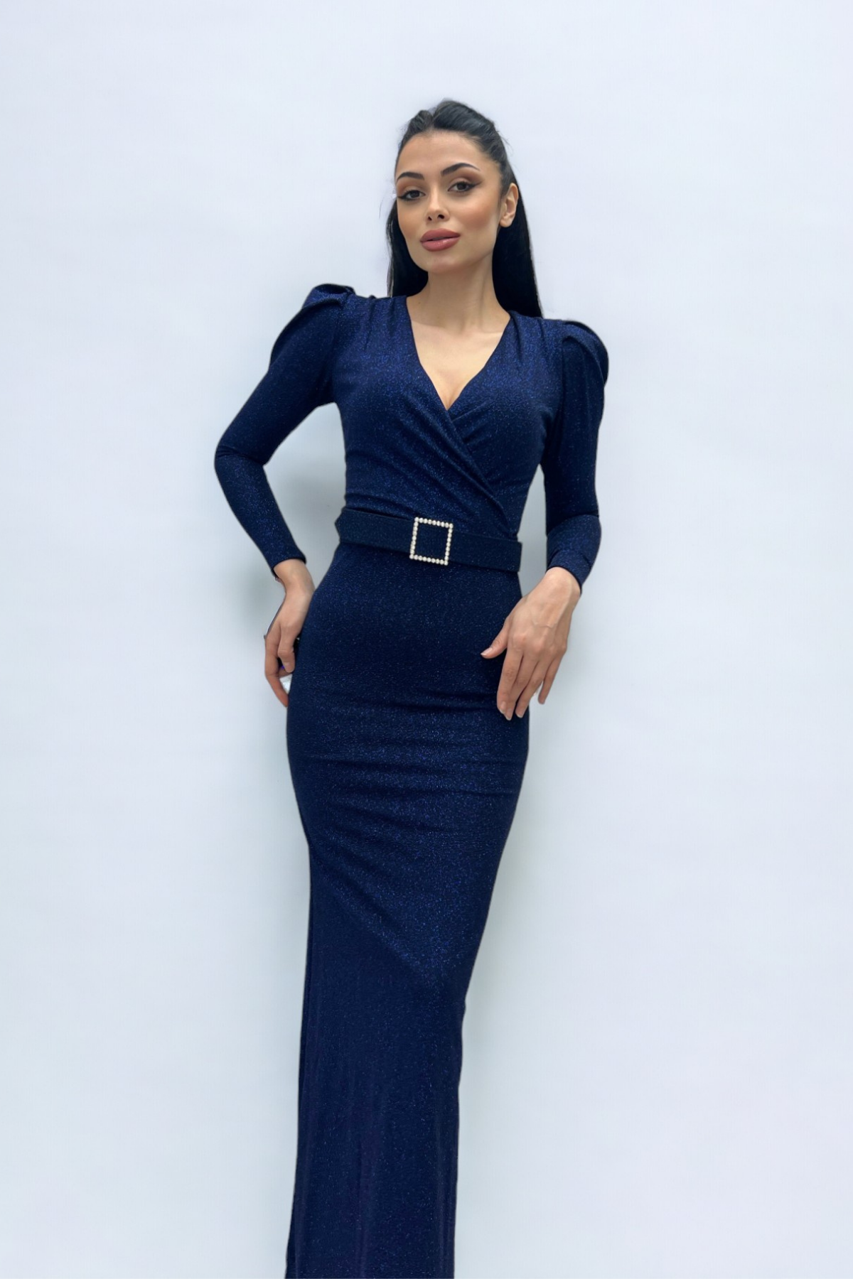 فستان بحزام بياقة مزدوجة الصدر - الأزرق الداكن