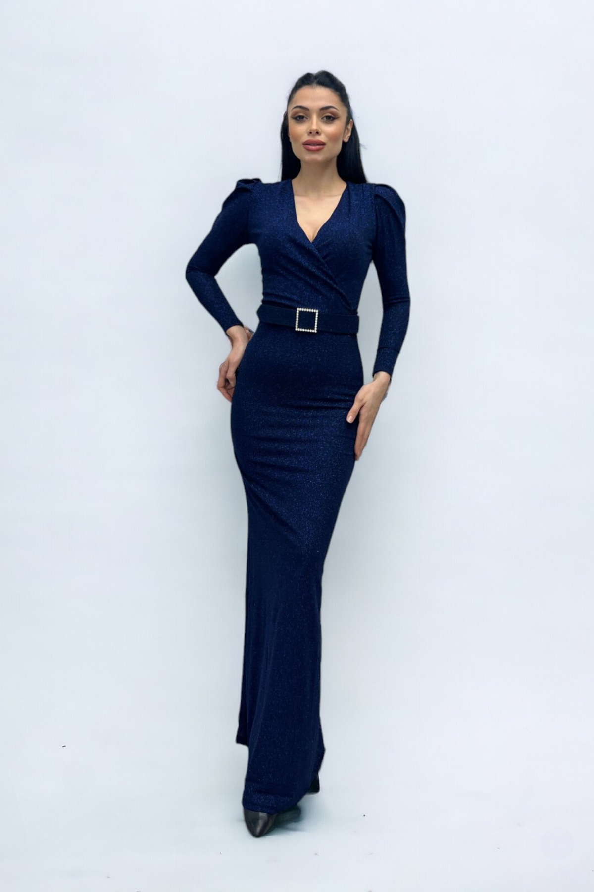 فستان بحزام بياقة مزدوجة الصدر - الأزرق الداكن