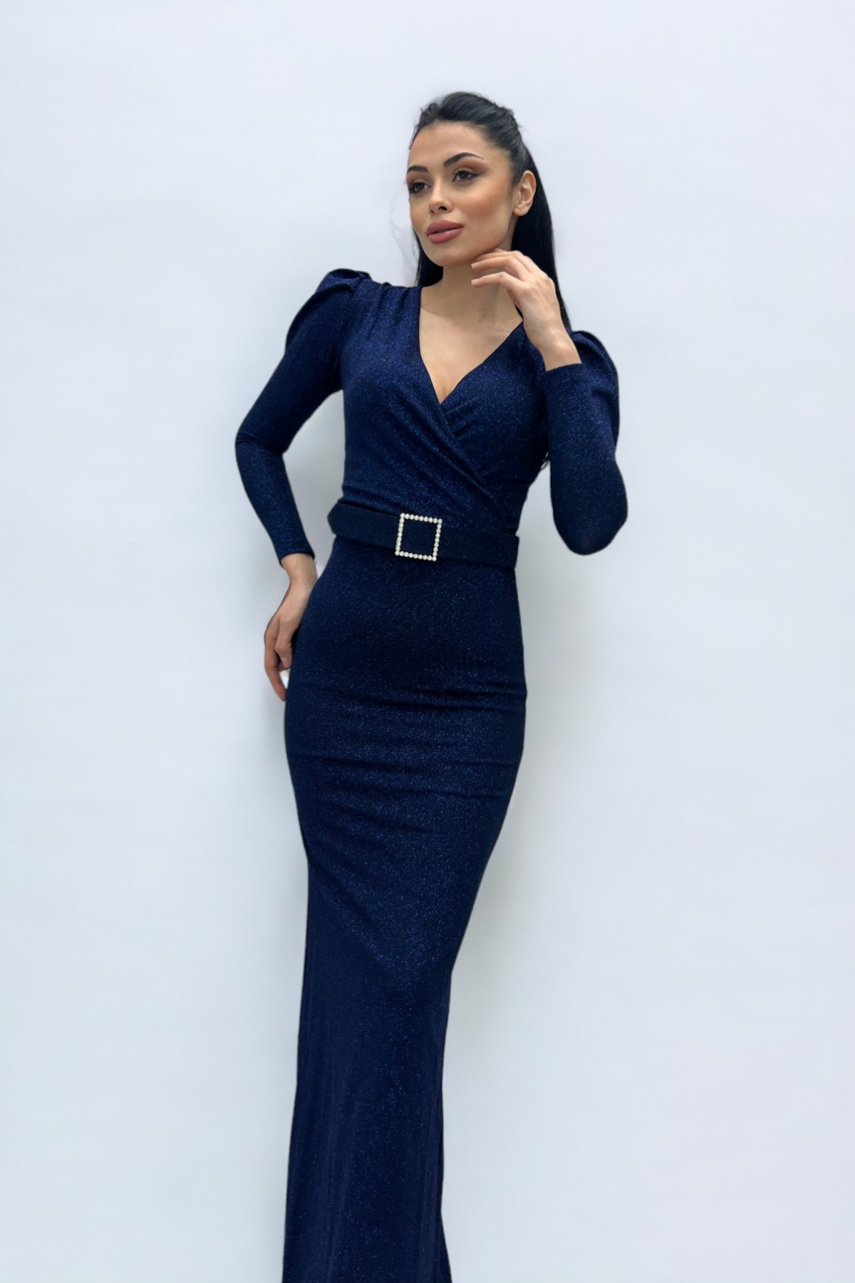 فستان بحزام بياقة مزدوجة الصدر - الأزرق الداكن