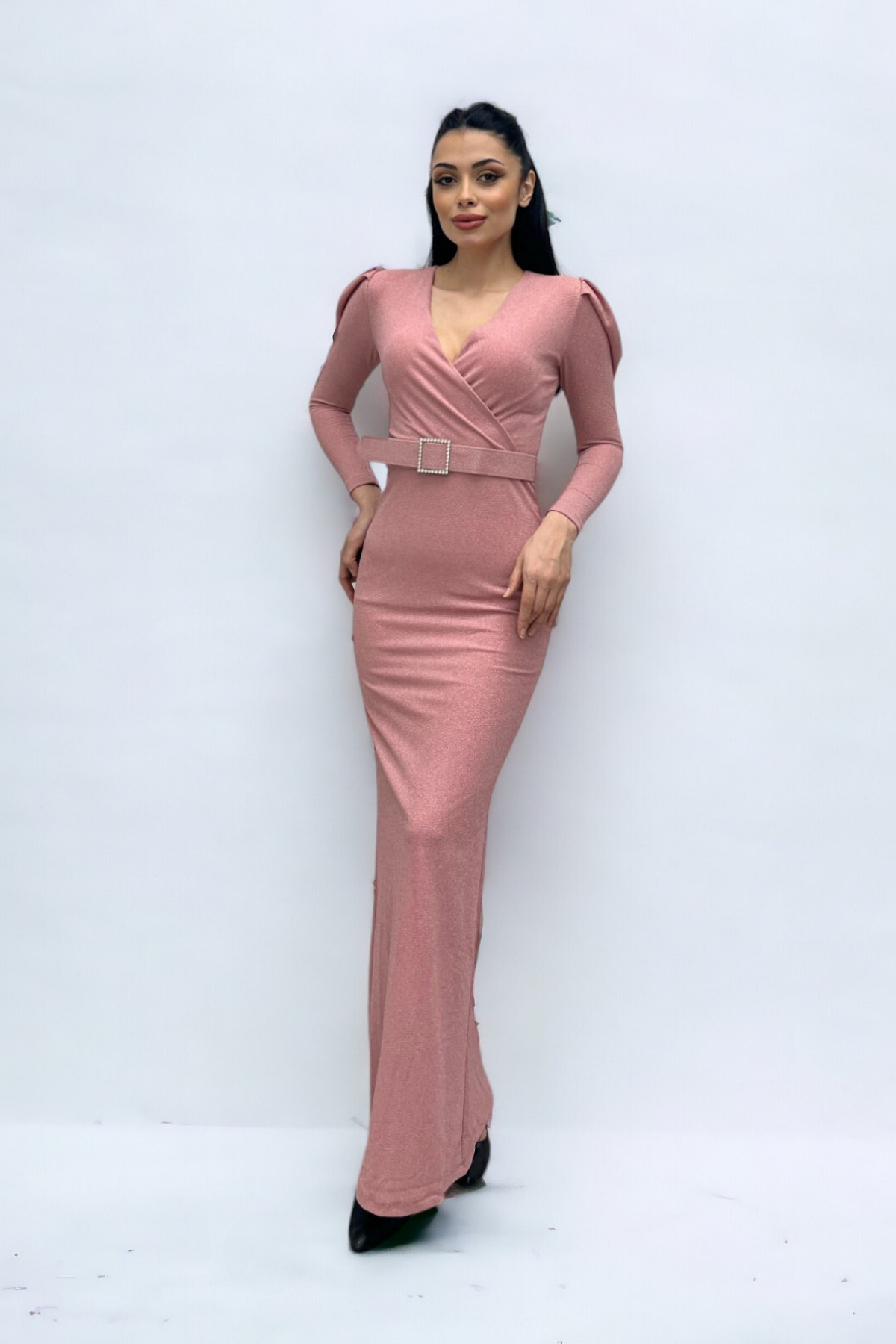 فستان بحزام بياقة مزدوجة الصدر - لون البودرة