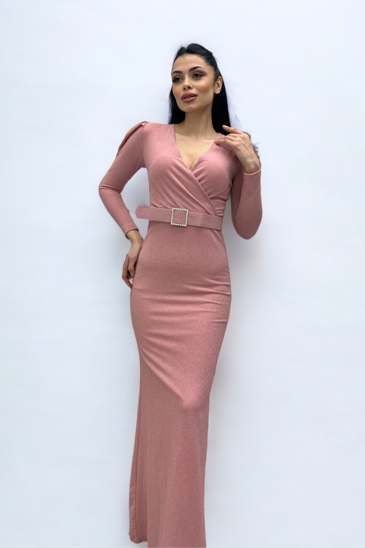 فستان بحزام بياقة مزدوجة الصدر - لون البودرة