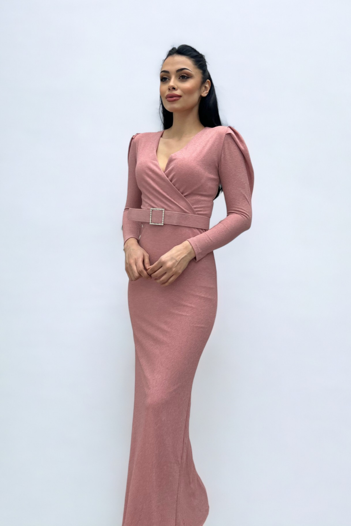 فستان بحزام بياقة مزدوجة الصدر - لون البودرة