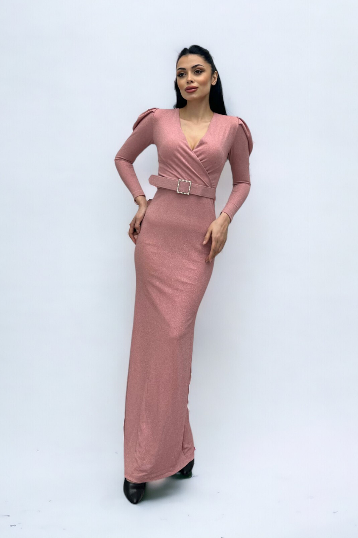 فستان بحزام بياقة مزدوجة الصدر - لون البودرة