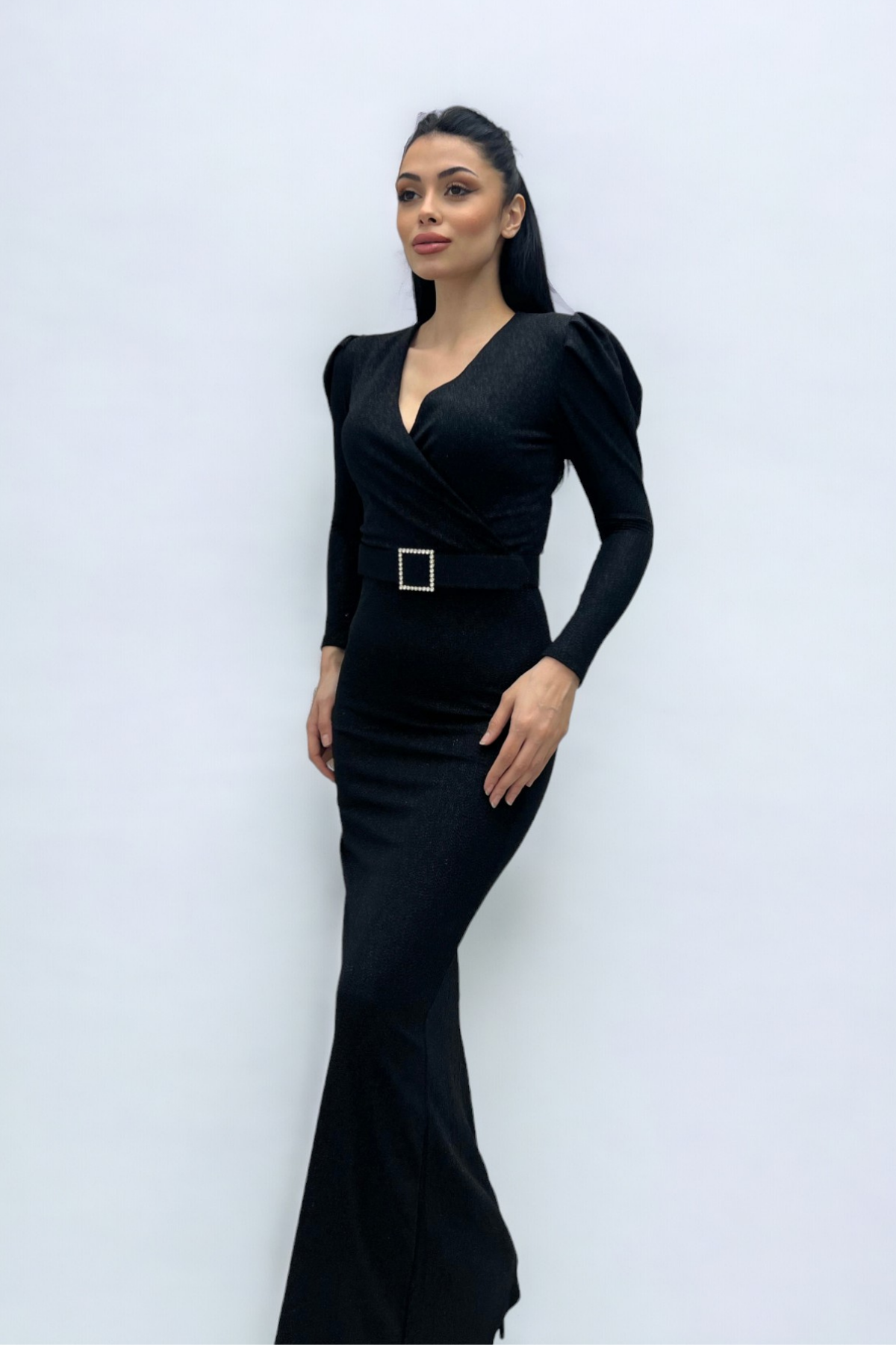 فستان بحزام بياقة مزدوجة الصدر - الأسود