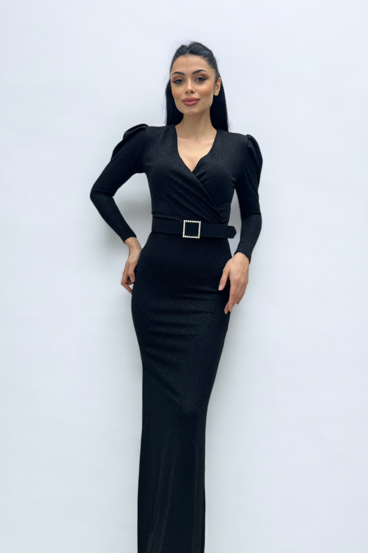 فستان بحزام بياقة مزدوجة الصدر - الأسود