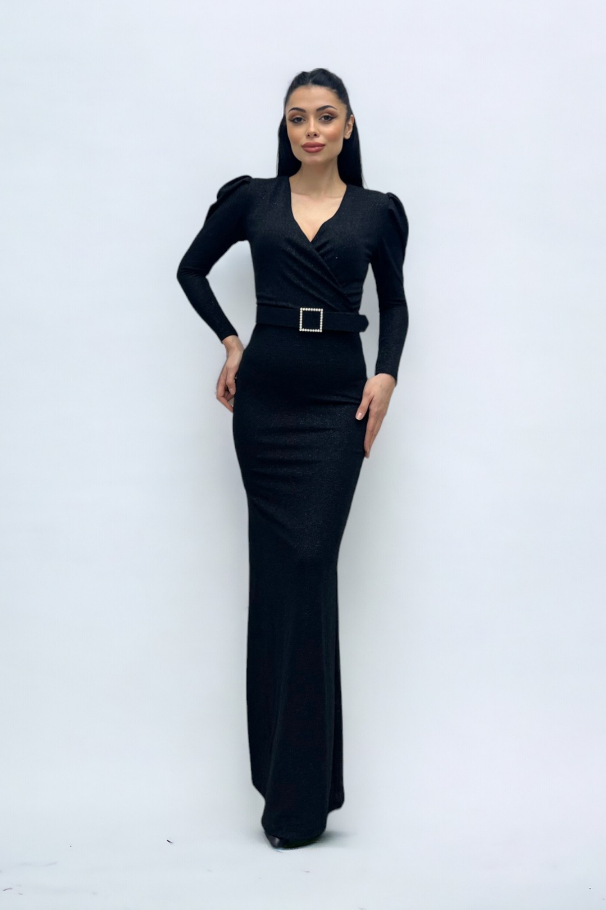 فستان بحزام بياقة مزدوجة الصدر - الأسود