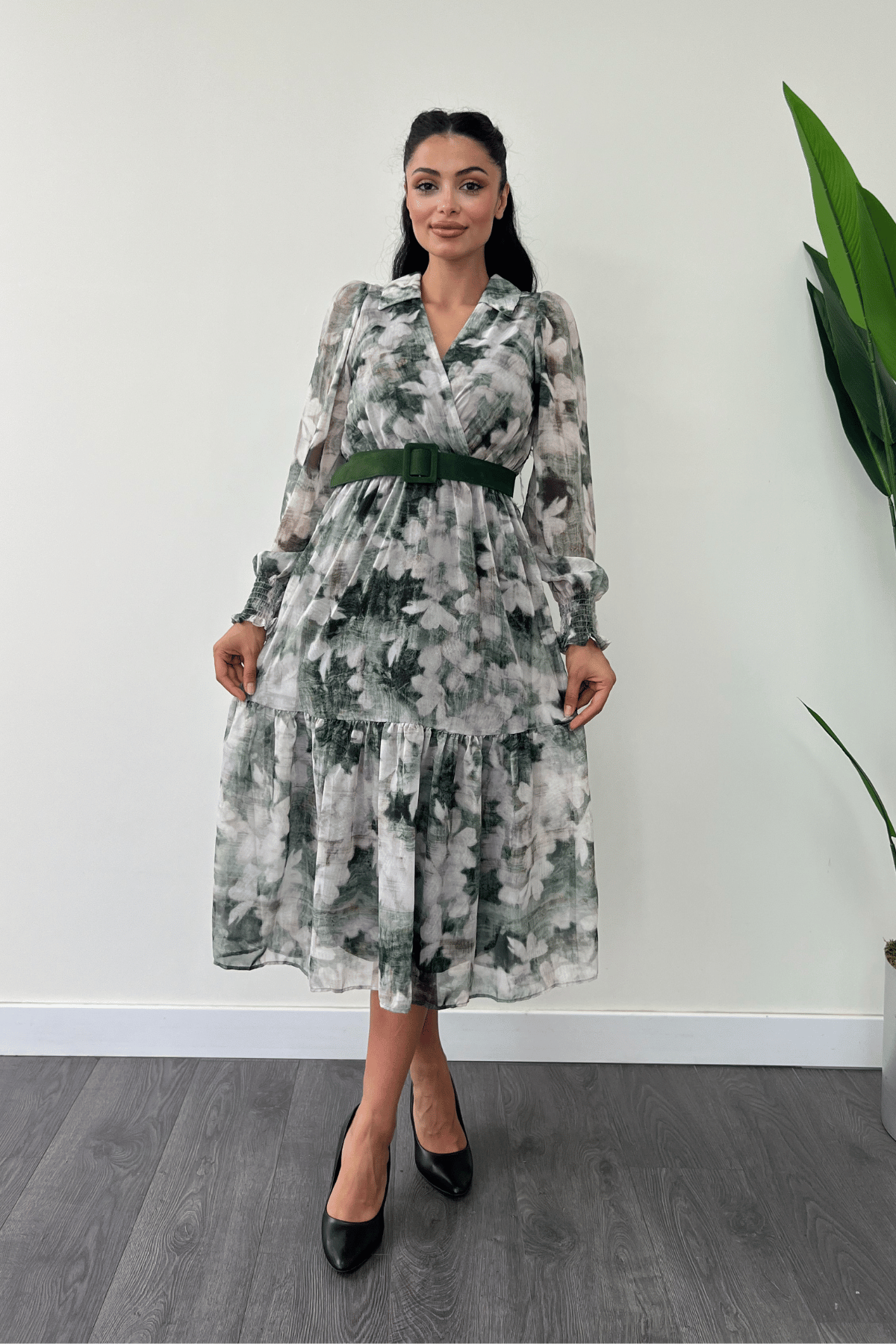 Kruvaze Yaka Şifon Kumaş Elbise - YEŞİL