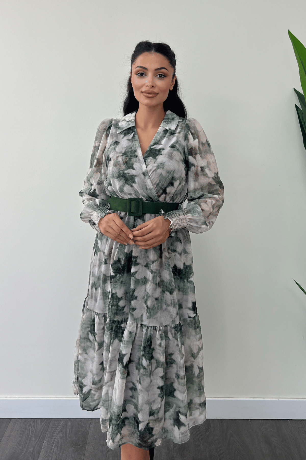 Kruvaze Yaka Şifon Kumaş Elbise - YEŞİL