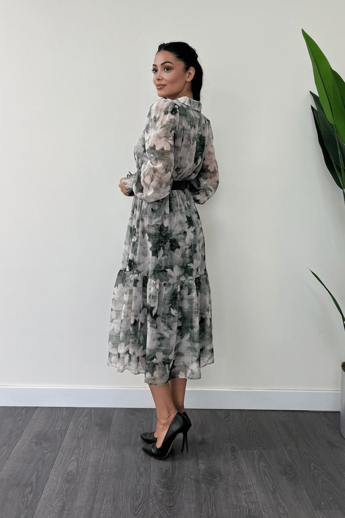 Kruvaze Yaka Şifon Kumaş Elbise - YEŞİL