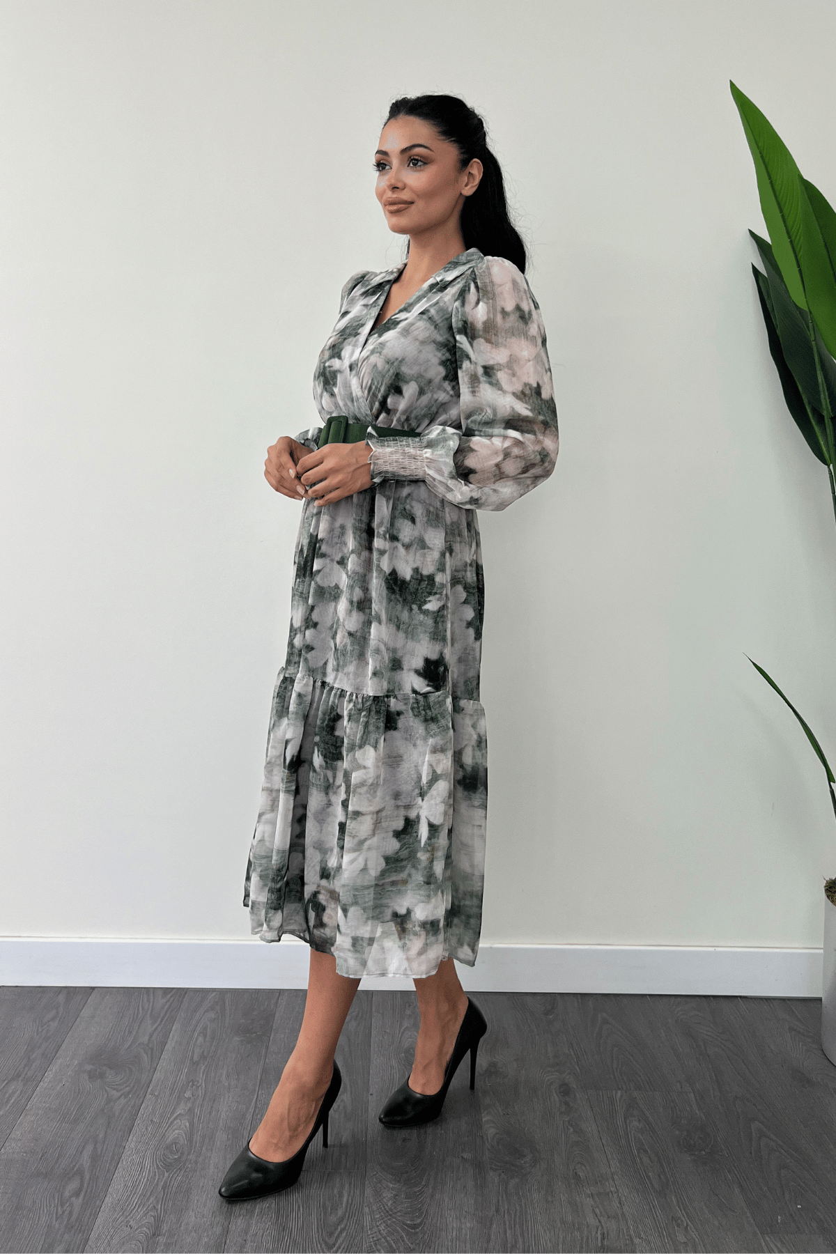 Kruvaze Yaka Şifon Kumaş Elbise - YEŞİL