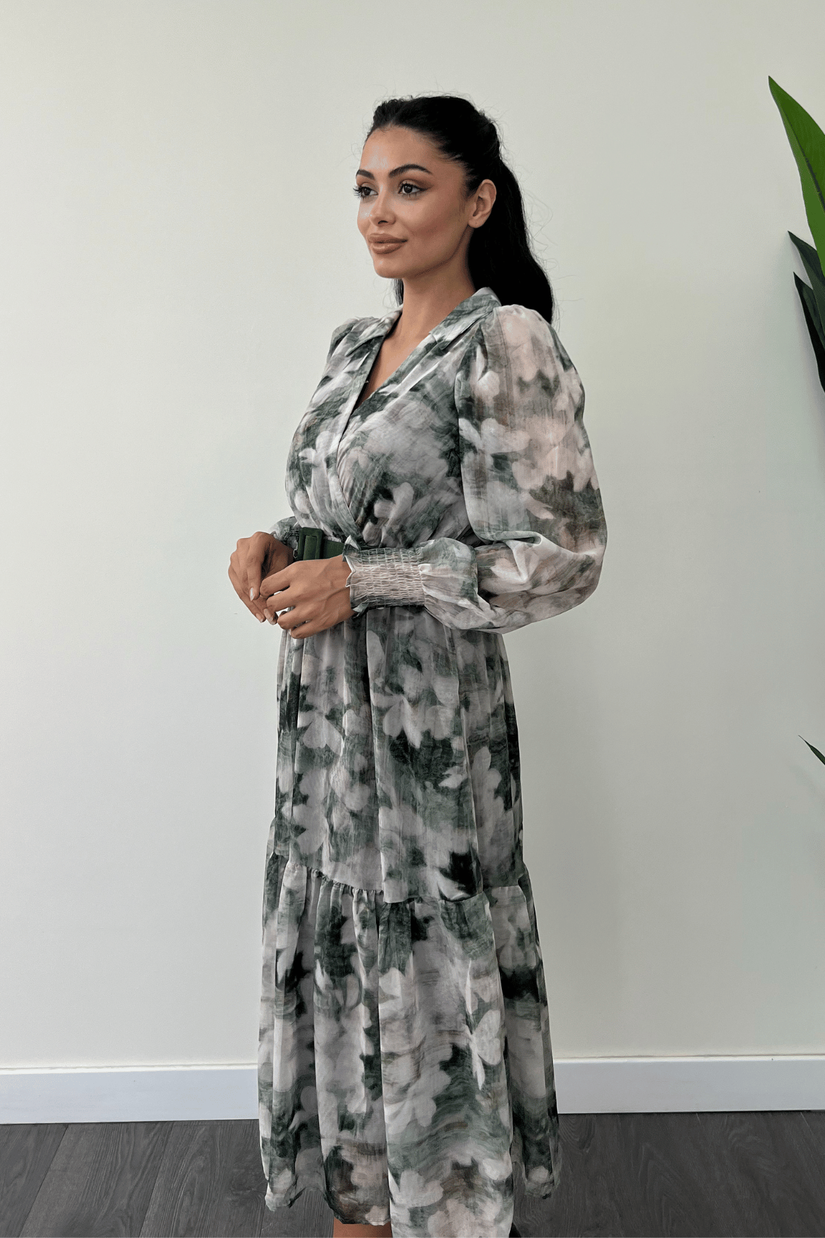 Kruvaze Yaka Şifon Kumaş Elbise - YEŞİL