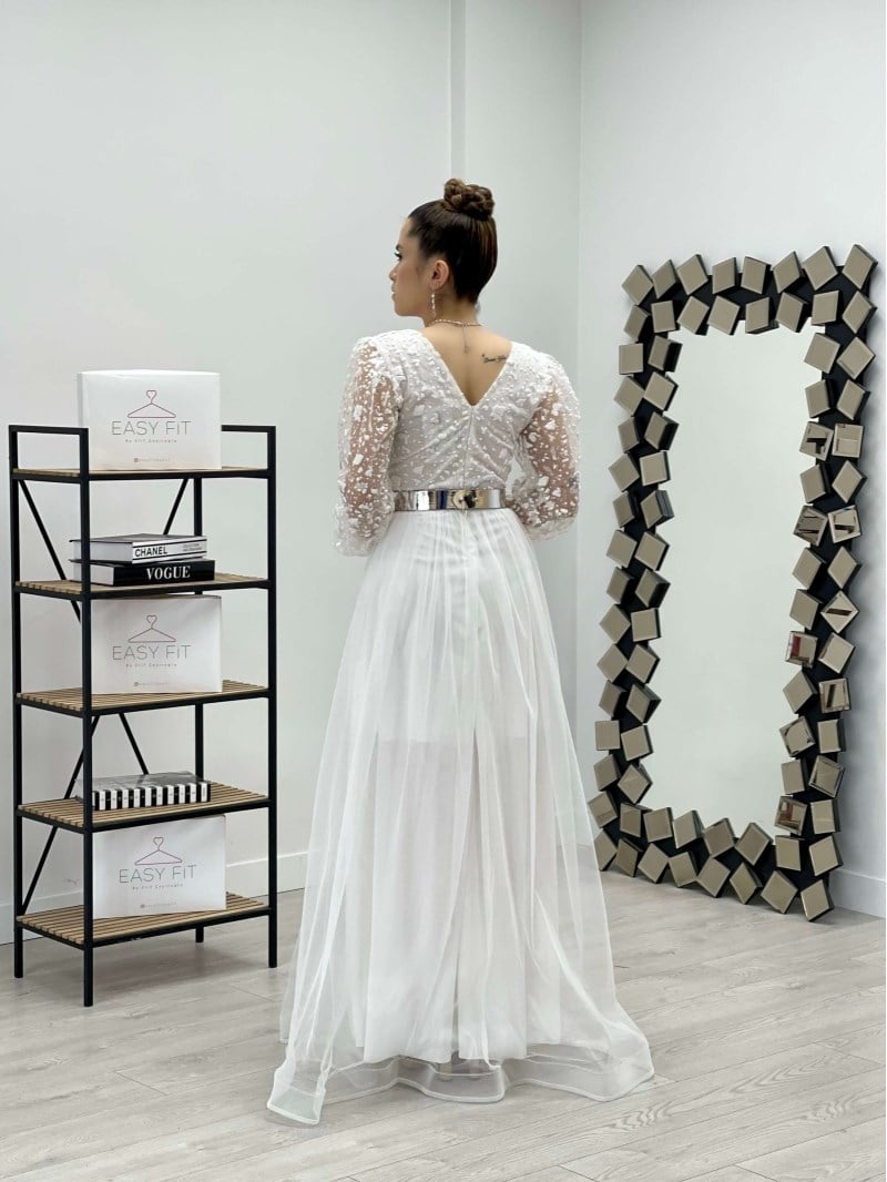 Kruvaze Yaka Simli Kumaş Elbise - BEYAZ