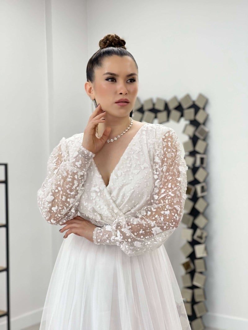 Kruvaze Yaka Simli Kumaş Elbise - BEYAZ