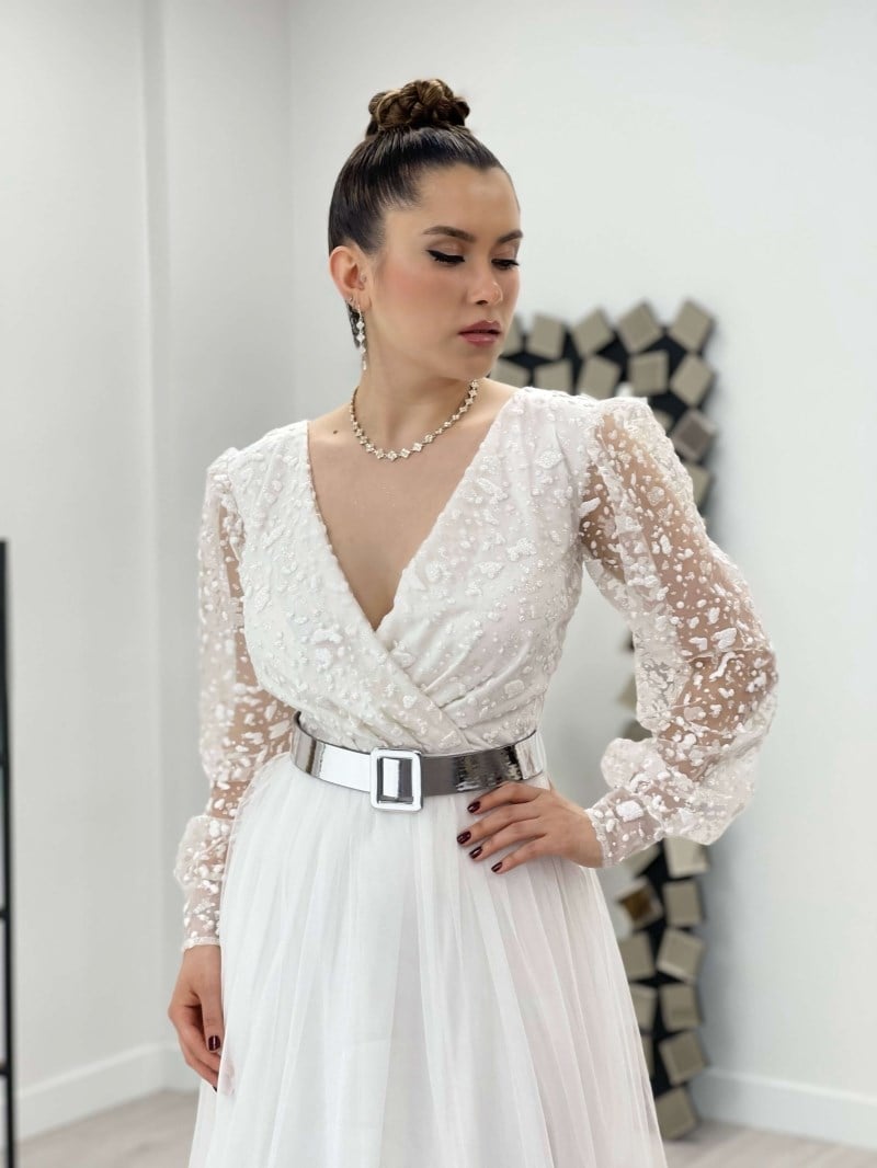 Kruvaze Yaka Simli Kumaş Elbise - BEYAZ