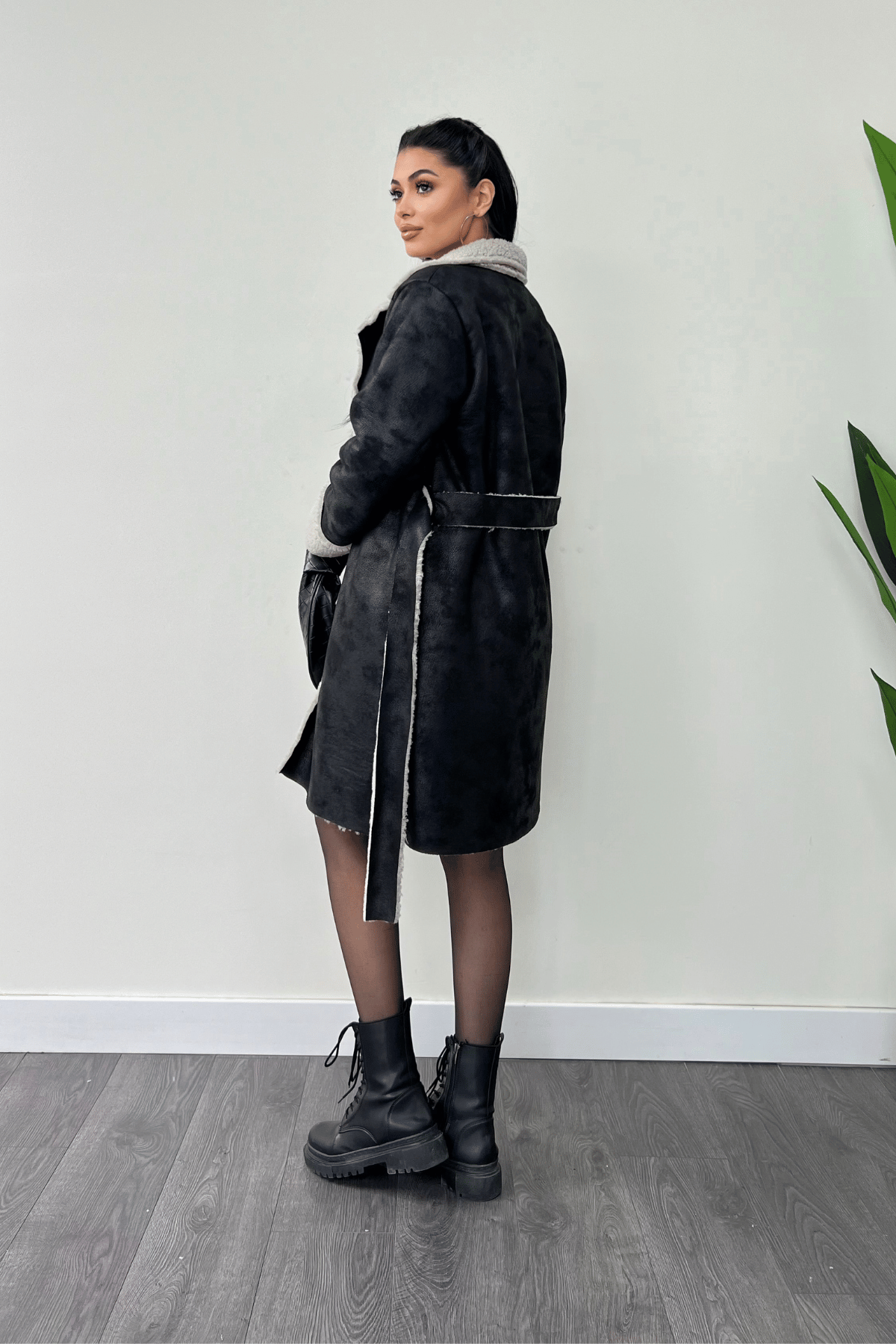 Kürklü Deri Kaban - SİYAH