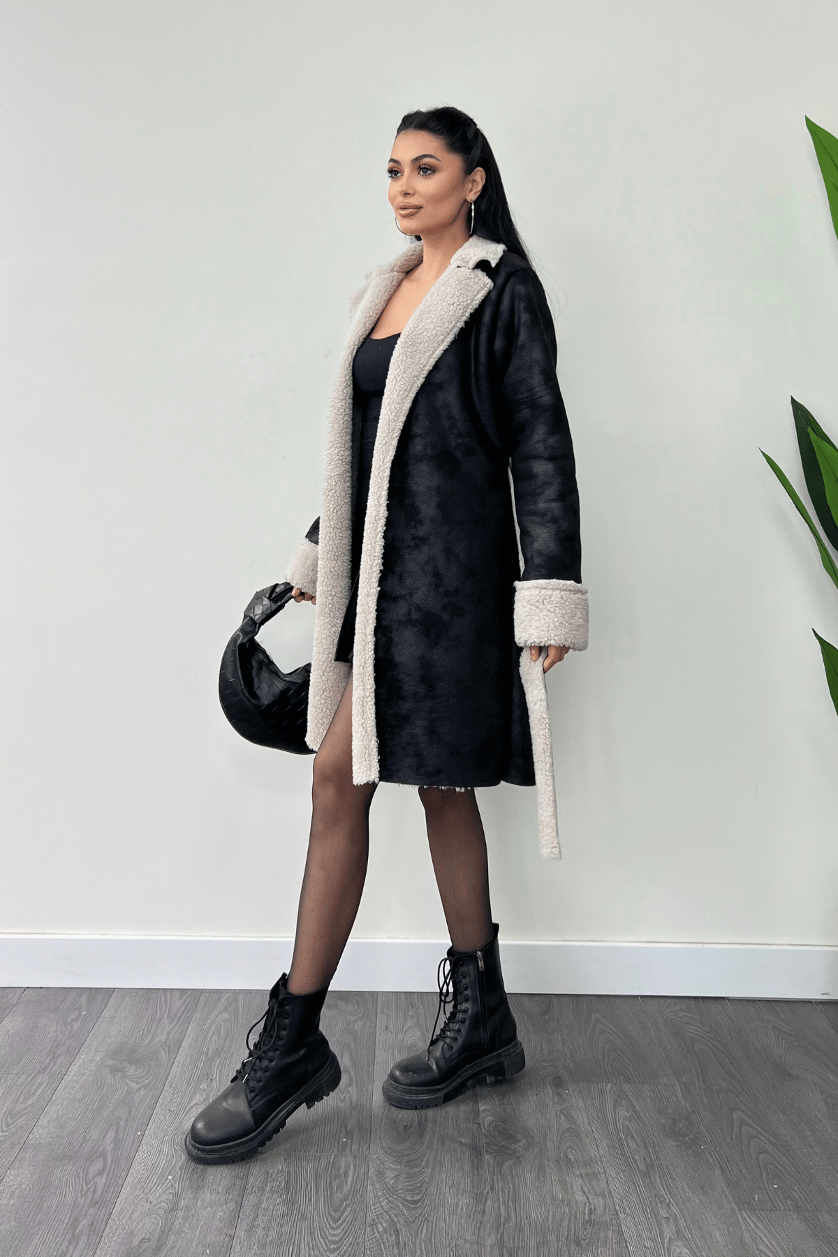 Kürklü Deri Kaban - SİYAH