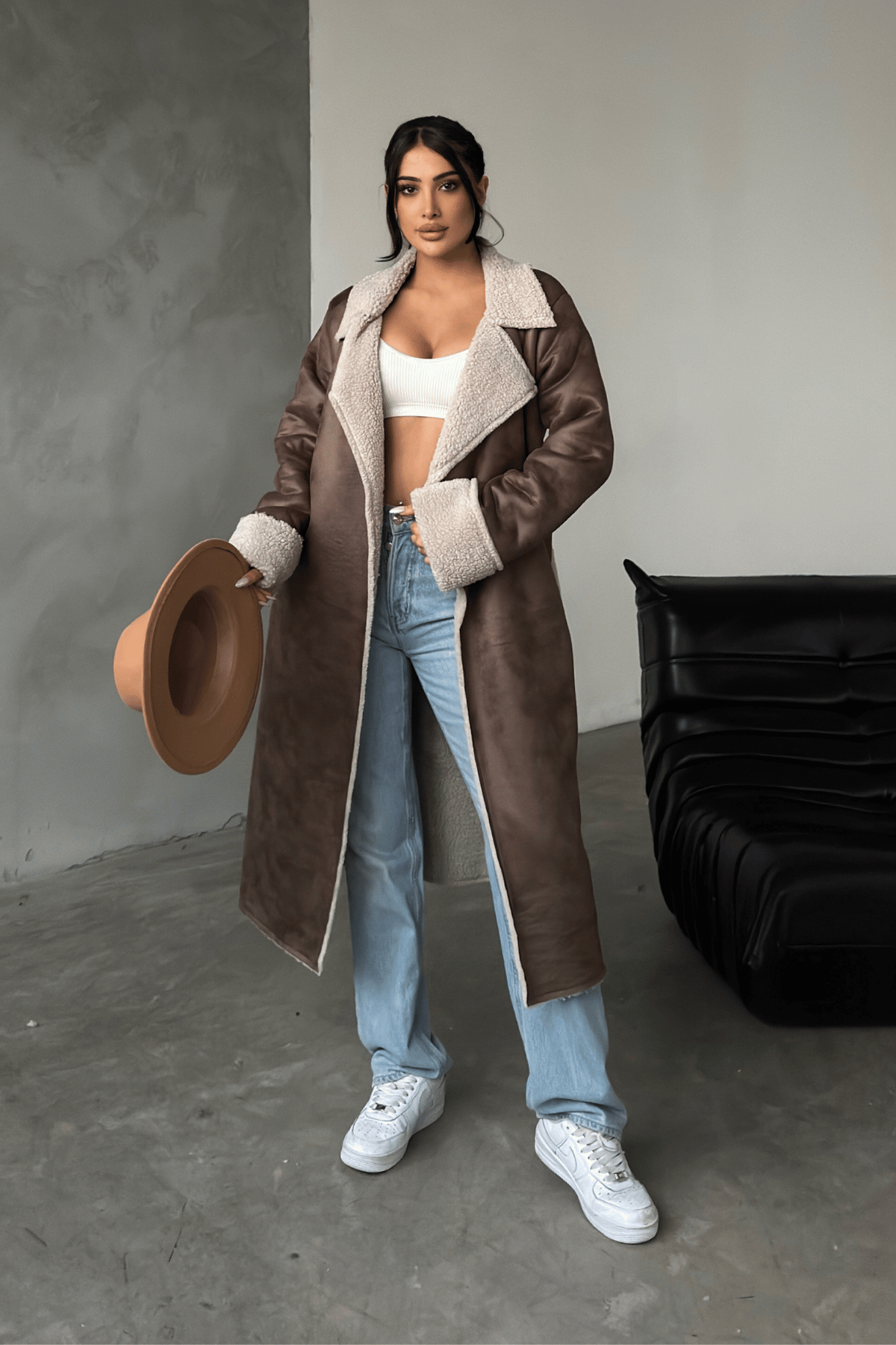 Kürklü Deri Maxi Boy Kaban - KAHVERENGİ