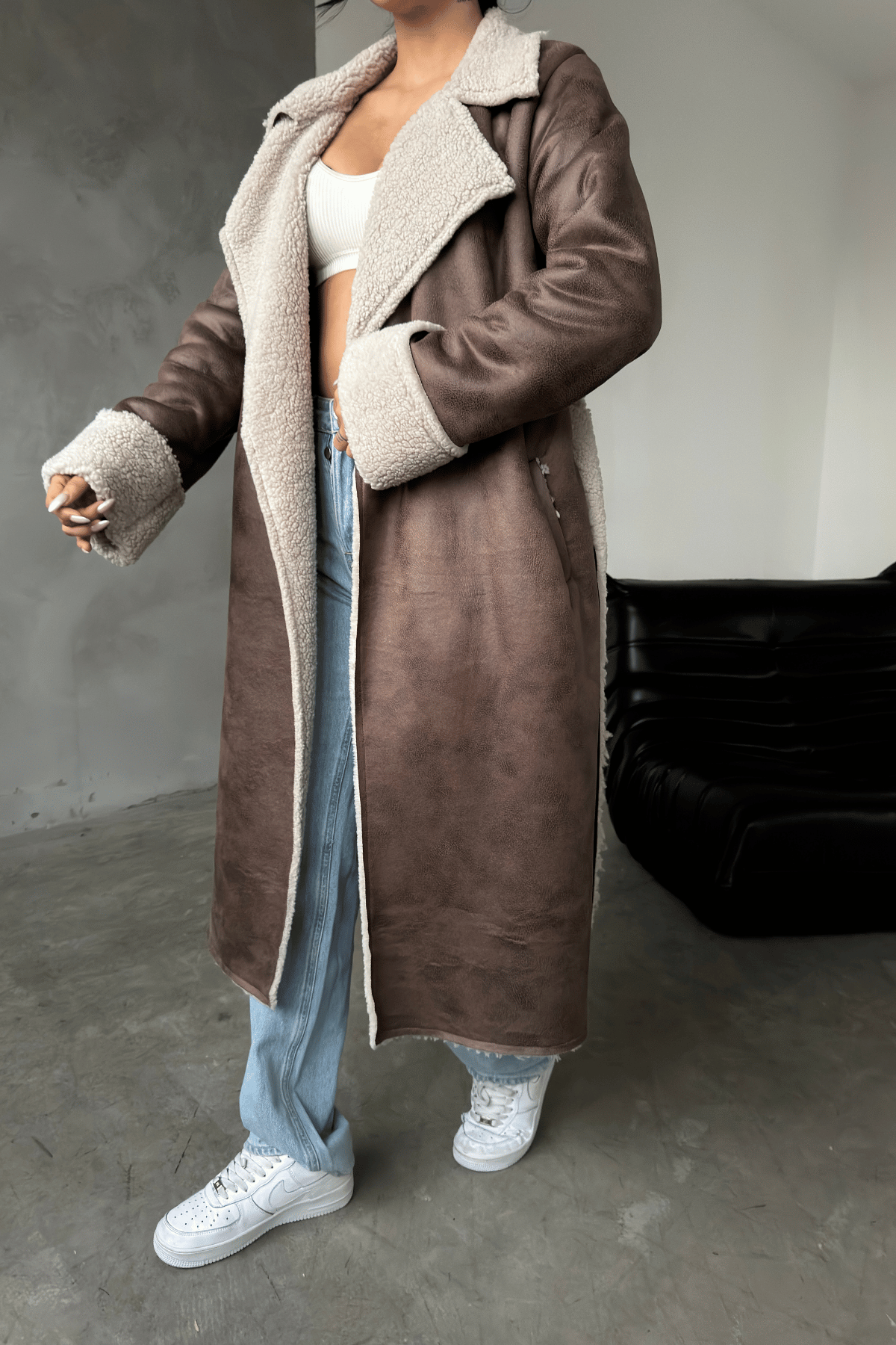 Kürklü Deri Maxi Boy Kaban - KAHVERENGİ