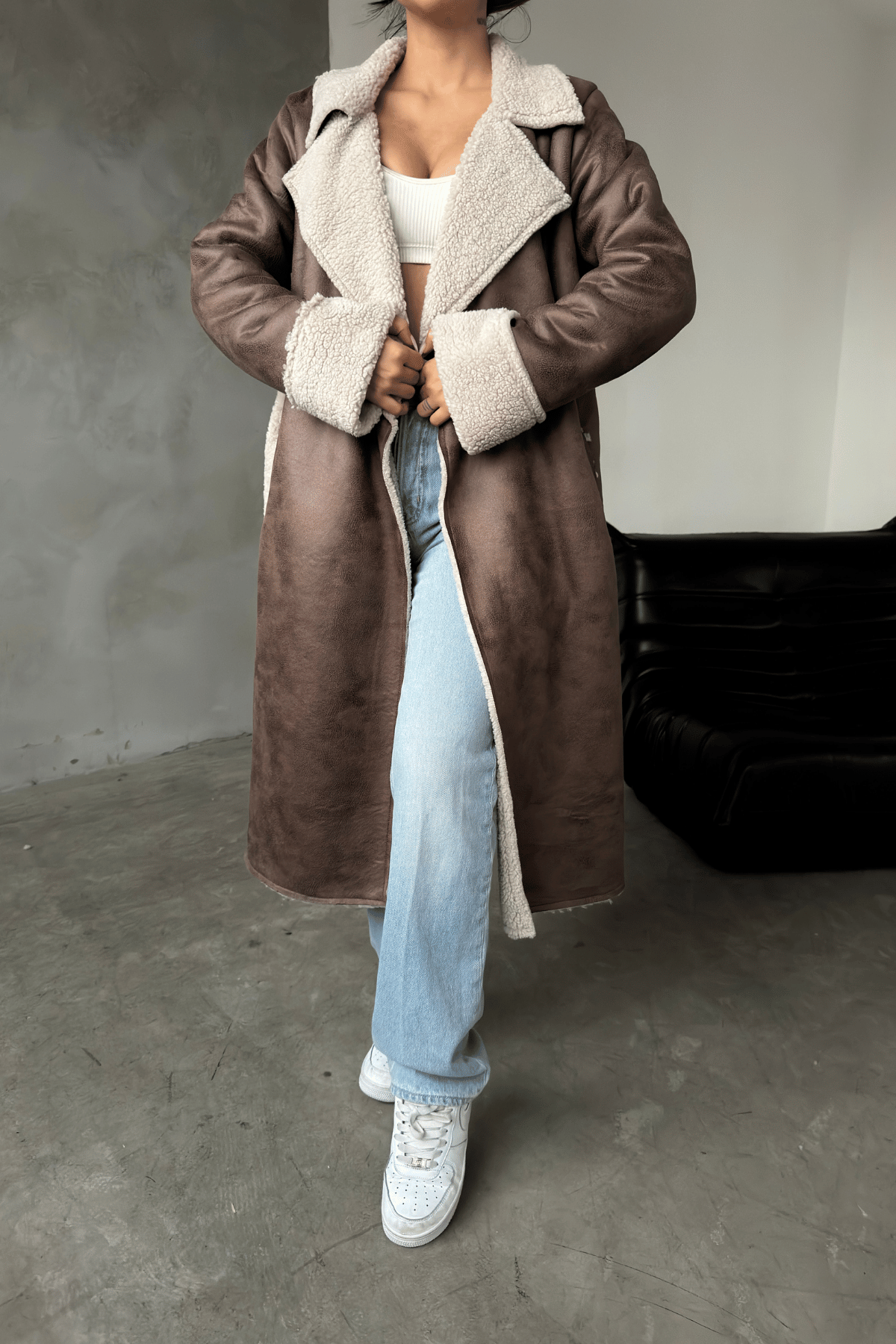 Kürklü Deri Maxi Boy Kaban - KAHVERENGİ