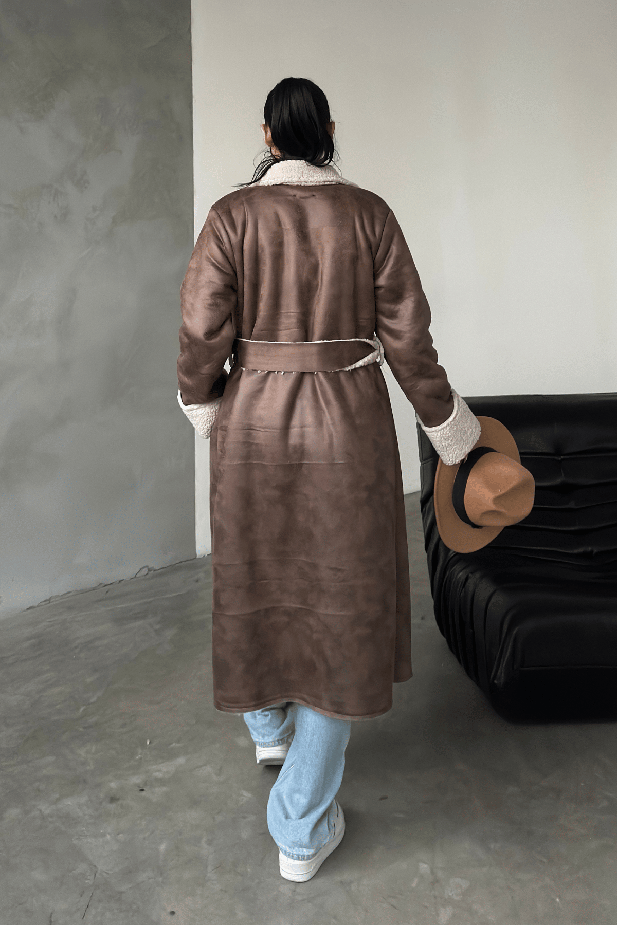 Kürklü Deri Maxi Boy Kaban - KAHVERENGİ