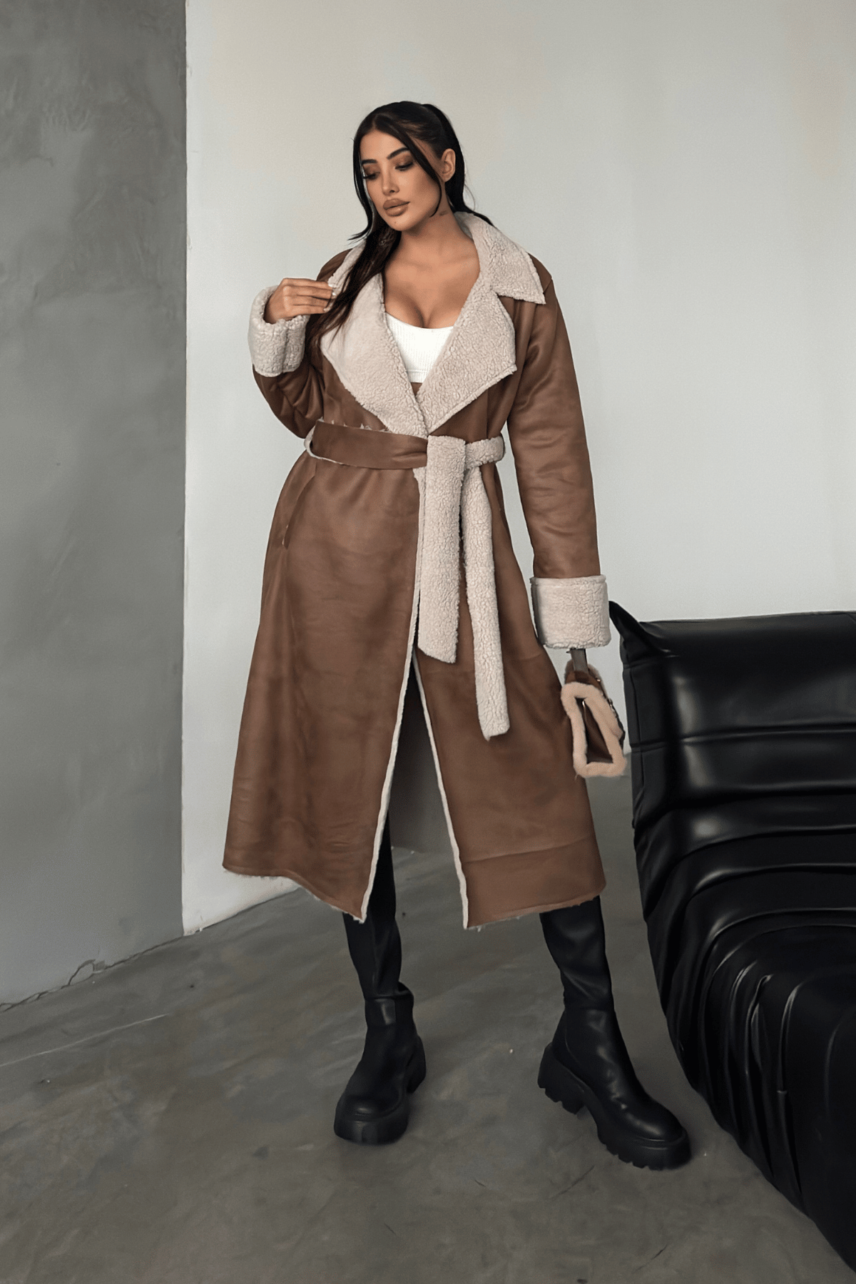 Kürklü Deri Maxi Boy Kaban - TABA