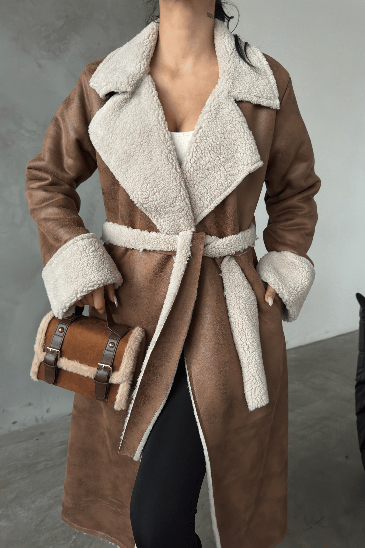 Kürklü Deri Maxi Boy Kaban - TABA