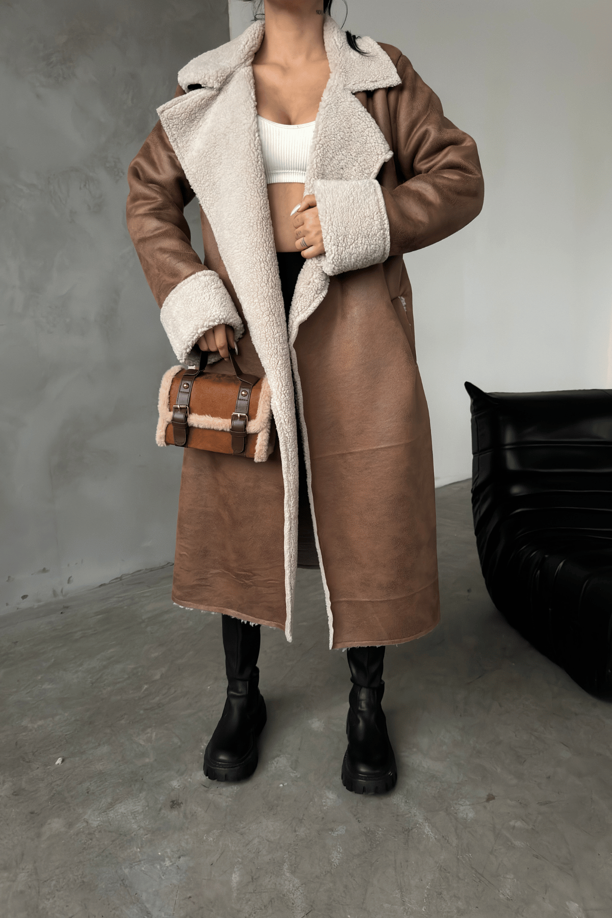 Kürklü Deri Maxi Boy Kaban - TABA