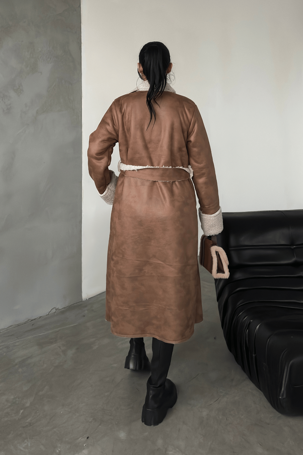 Kürklü Deri Maxi Boy Kaban - TABA