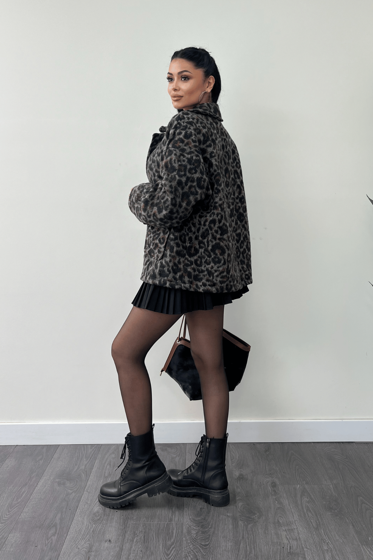 Leopar Desenli Kaşe Kumaş Kaban - KAHVERENGİ